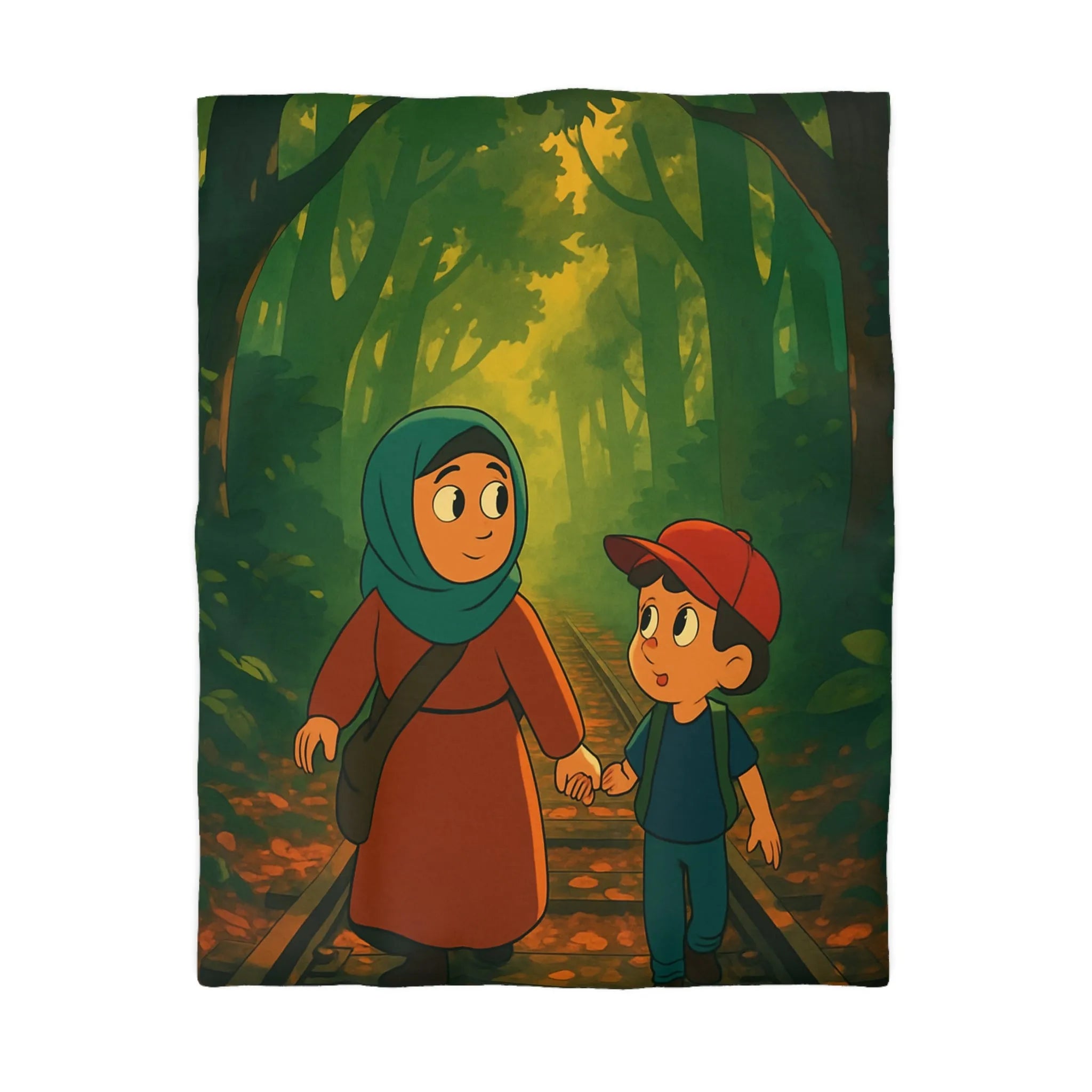 Housse de couette illustrée avec promenade chaleureuse d'un duo adorable dans forêt enchantée