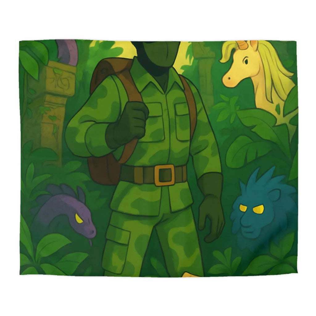 Housse de couette avec explorateur aventurier parmi créatures fantastiques et forêt luxuriante