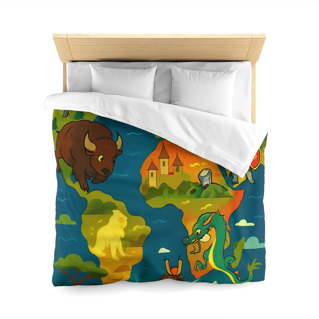 Housse de couette épique avec dragons, samouraïs et créatures légendaires au style coloré.