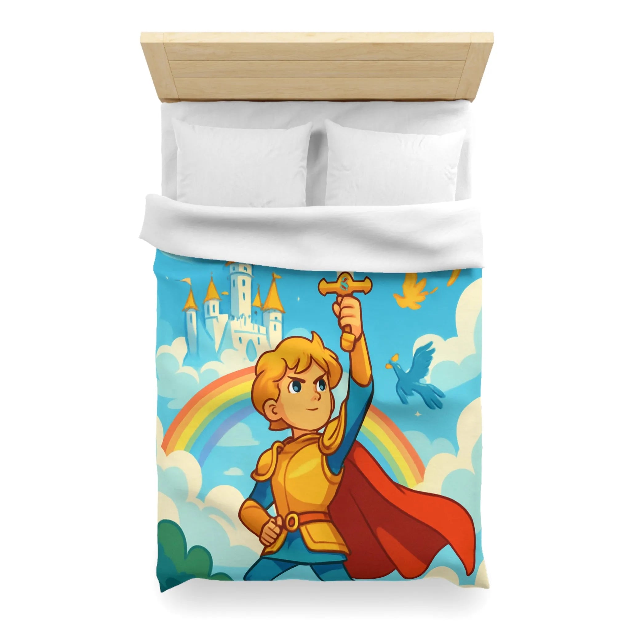 Housse de couette avec chevalier héroïque, arc-en-ciel et château féerique, thème aventure