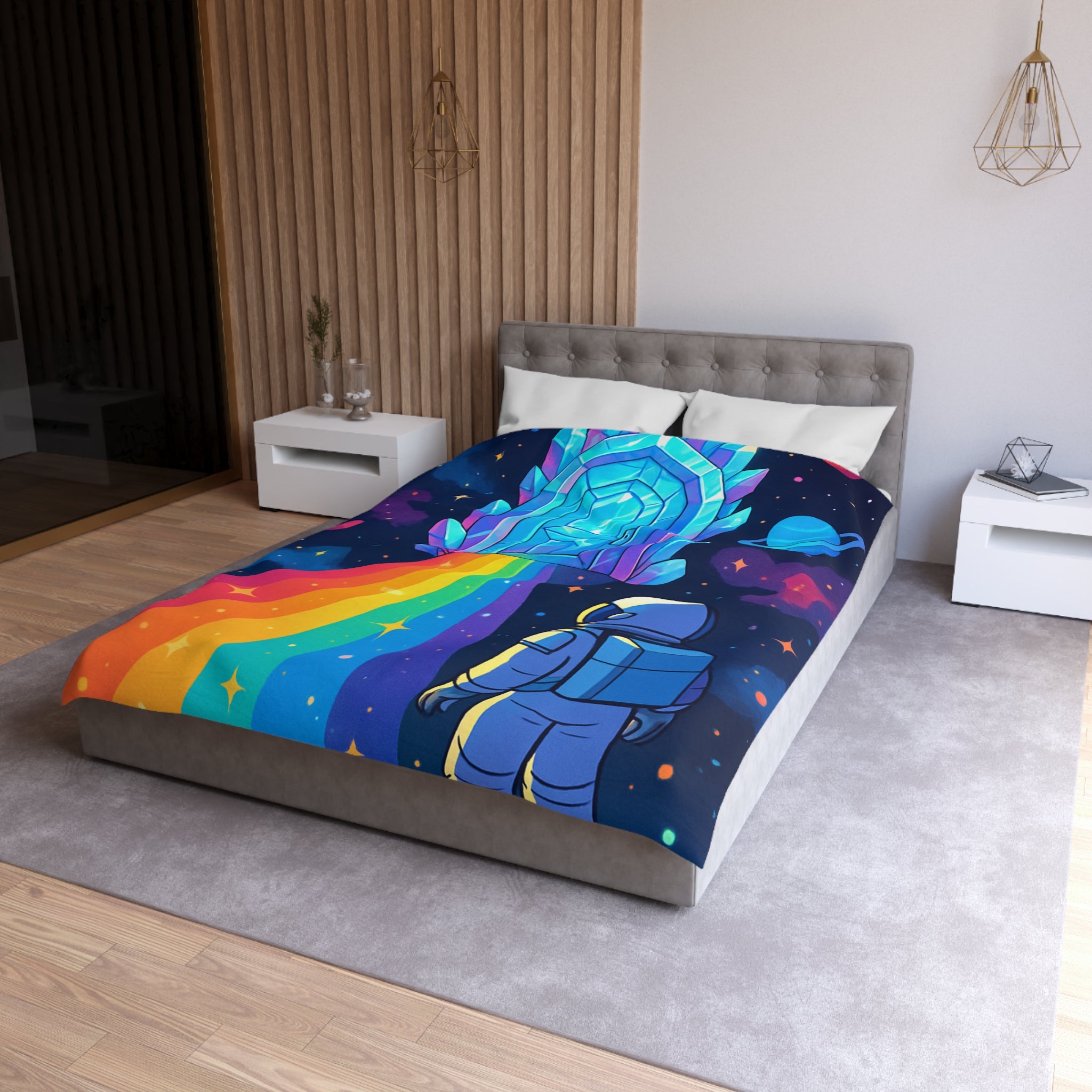 Housse de couette rêve cosmique : astronaute, porte de cristal et univers coloré