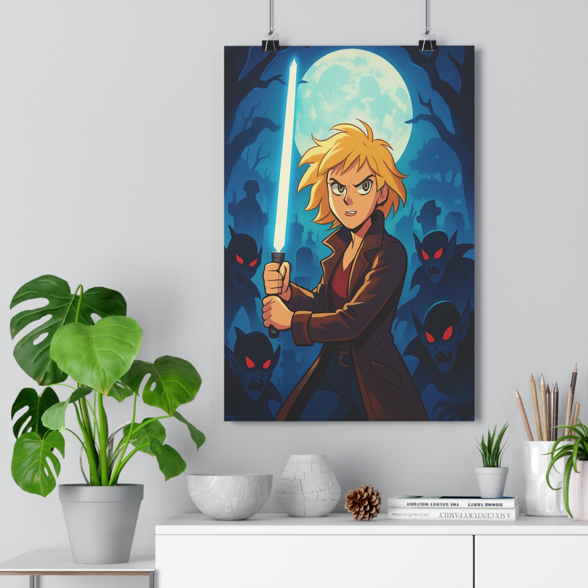 Poster décoratif dessin animé bleu sombre mystérieux chambre cimetière nuit fantastique épée créatures format