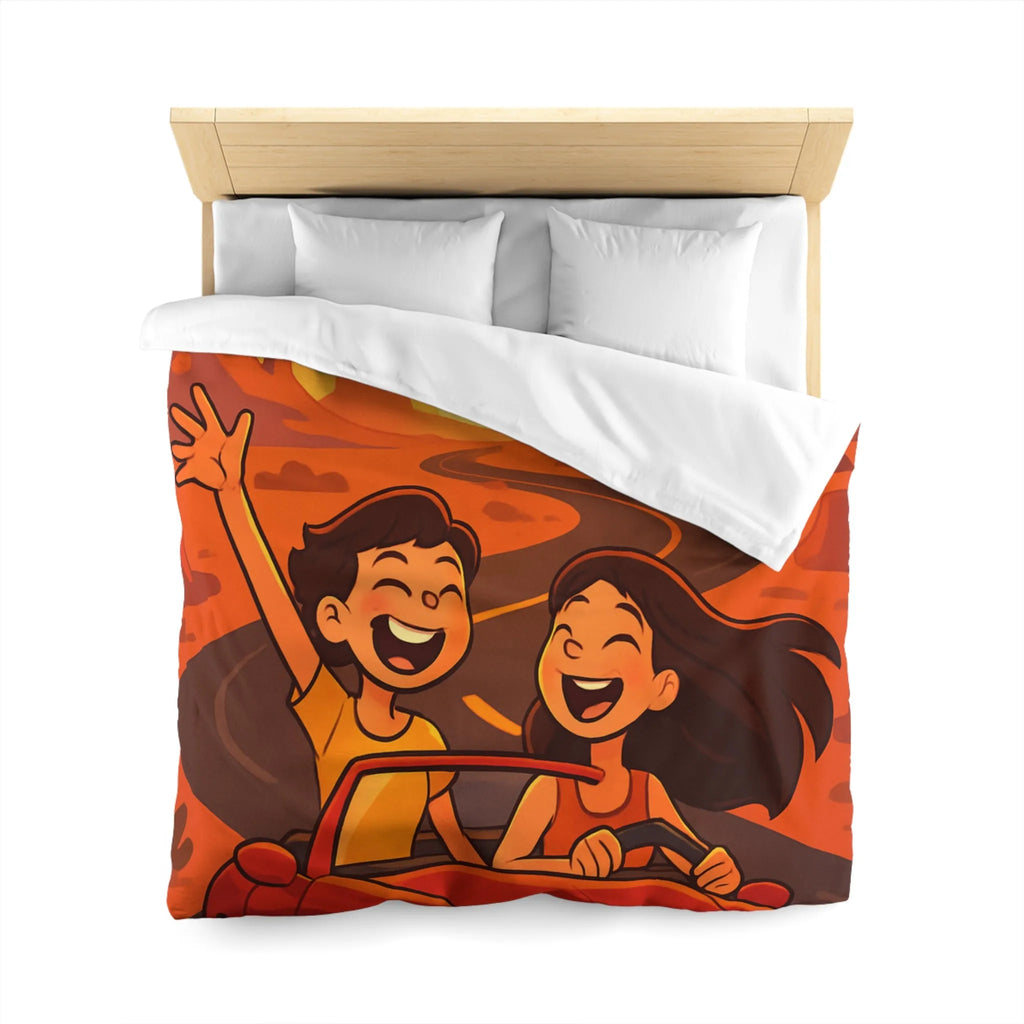 Aventure en voiture rouge dans un désert ensoleillé avec couple et aigle volant