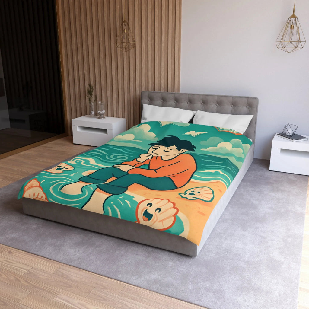 Housse de couette avec illustration rêveuse garçon pensif et coquillages joyeux sur plage
