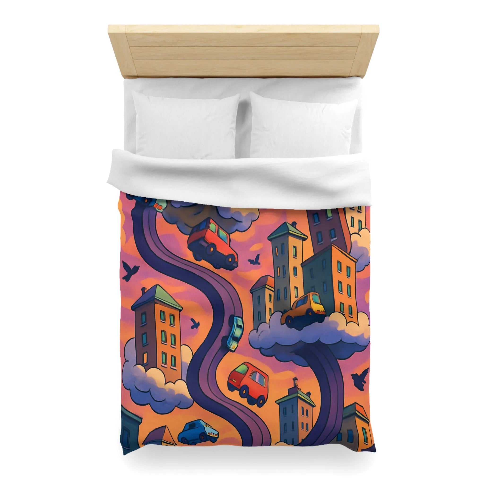 Housse de couette artistique avec voitures volantes et gratte-ciels à l'aube colorée