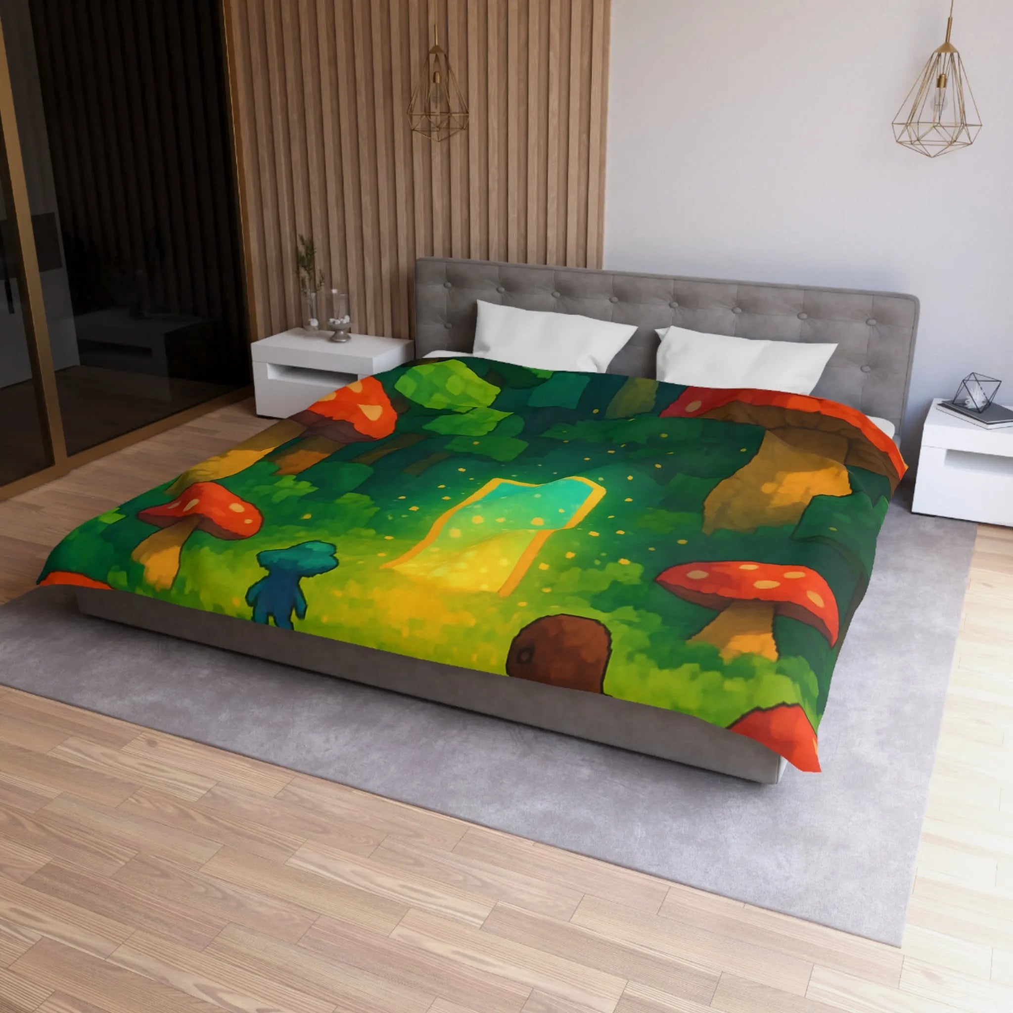 Housse de couette forêt enchantée avec créatures mignonnes et champignons rouges géants magiques