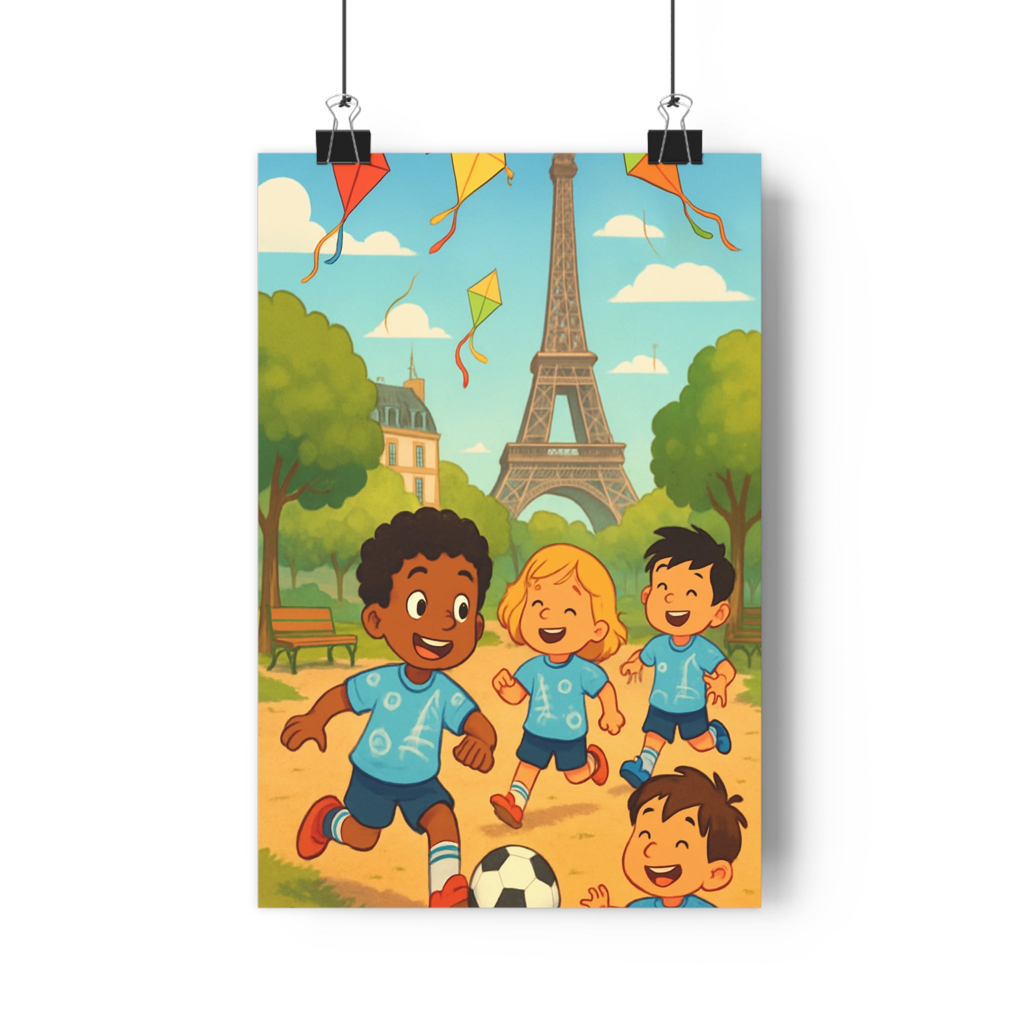 Poster décoratif cartoon enfant joyeux bleu pastel chambre rêveur football tour parc nuages qualité