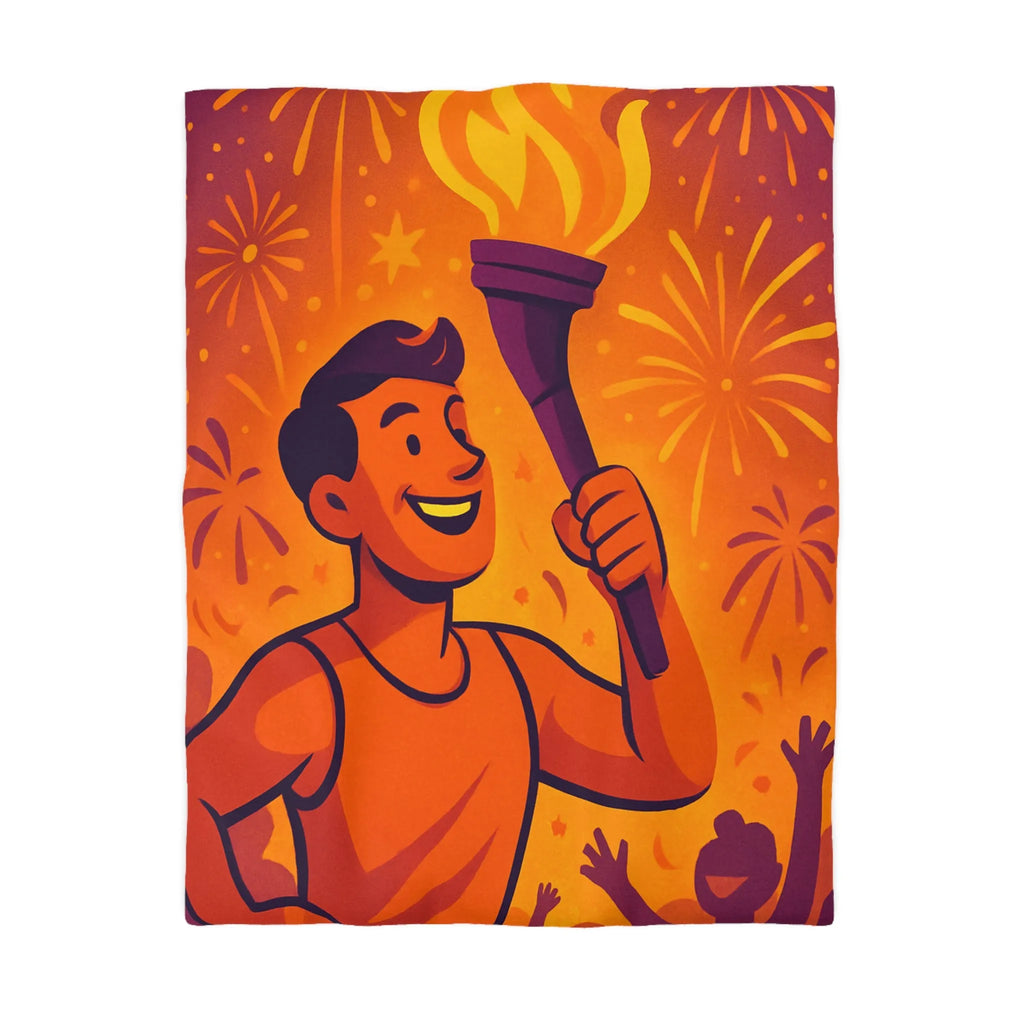 Housse de couette : Athlète olympique portant flambeau avec feux d'artifice lumineux