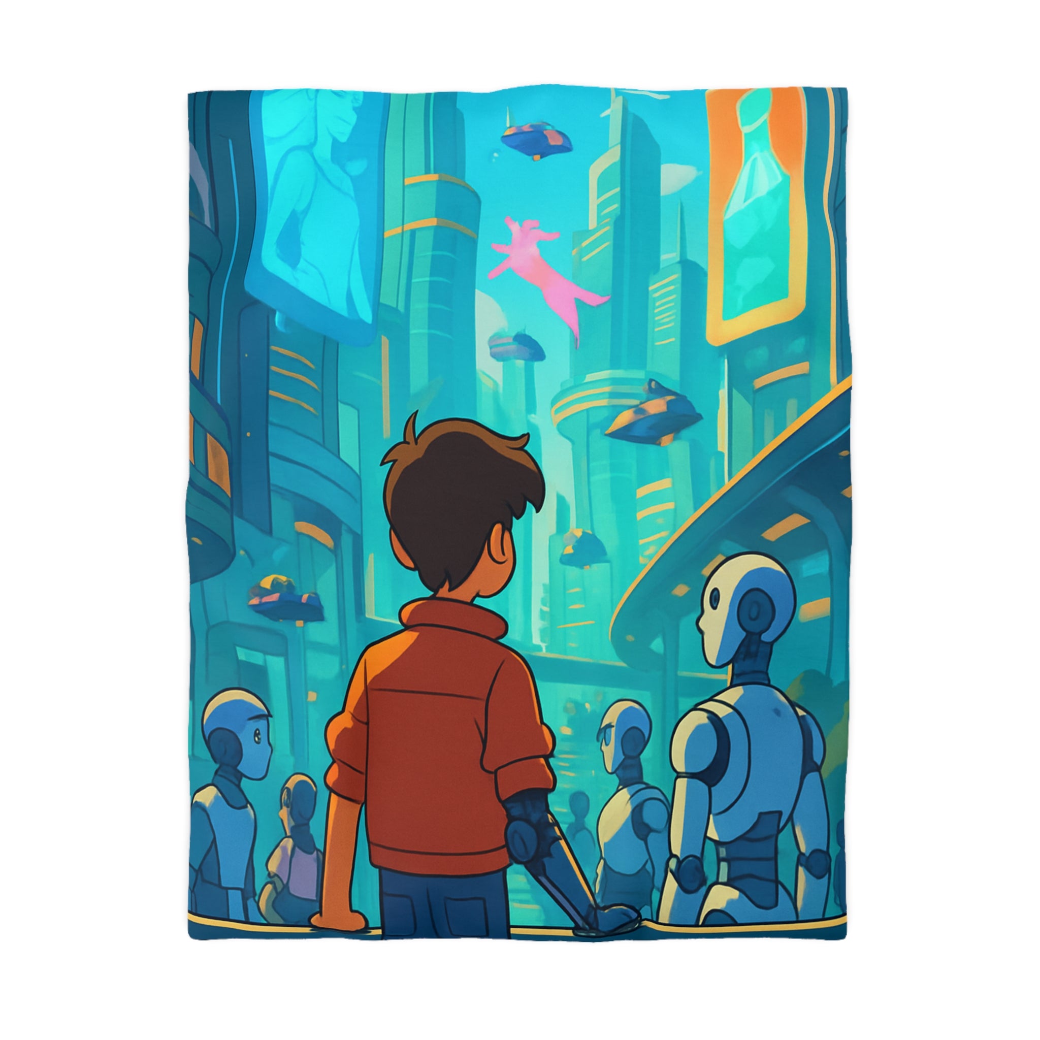 Housse de couette urbaine futuriste avec robots et affiches lumineuses pour chambre moderne