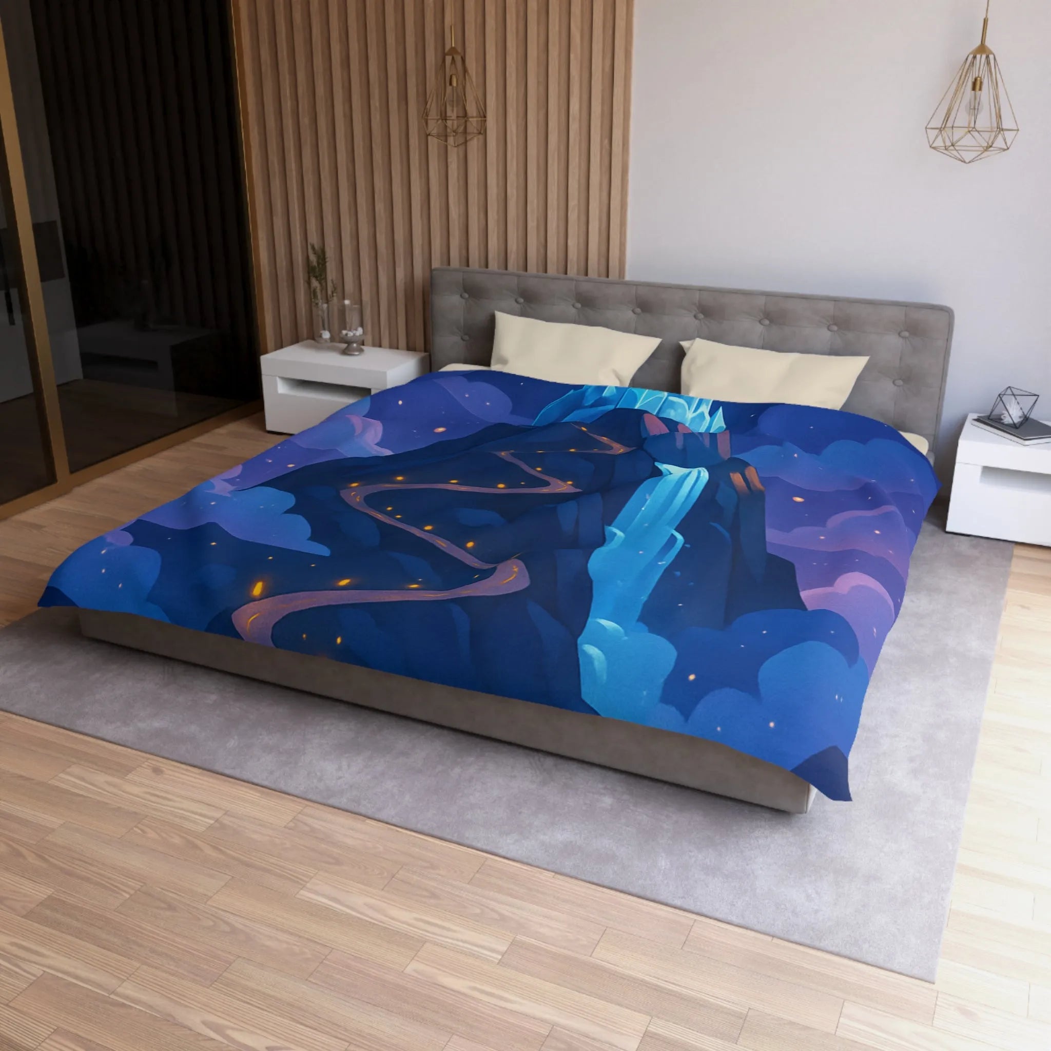 Housse de couette avec château glacé sur montagne illuminée sous ciel étoilé féerique