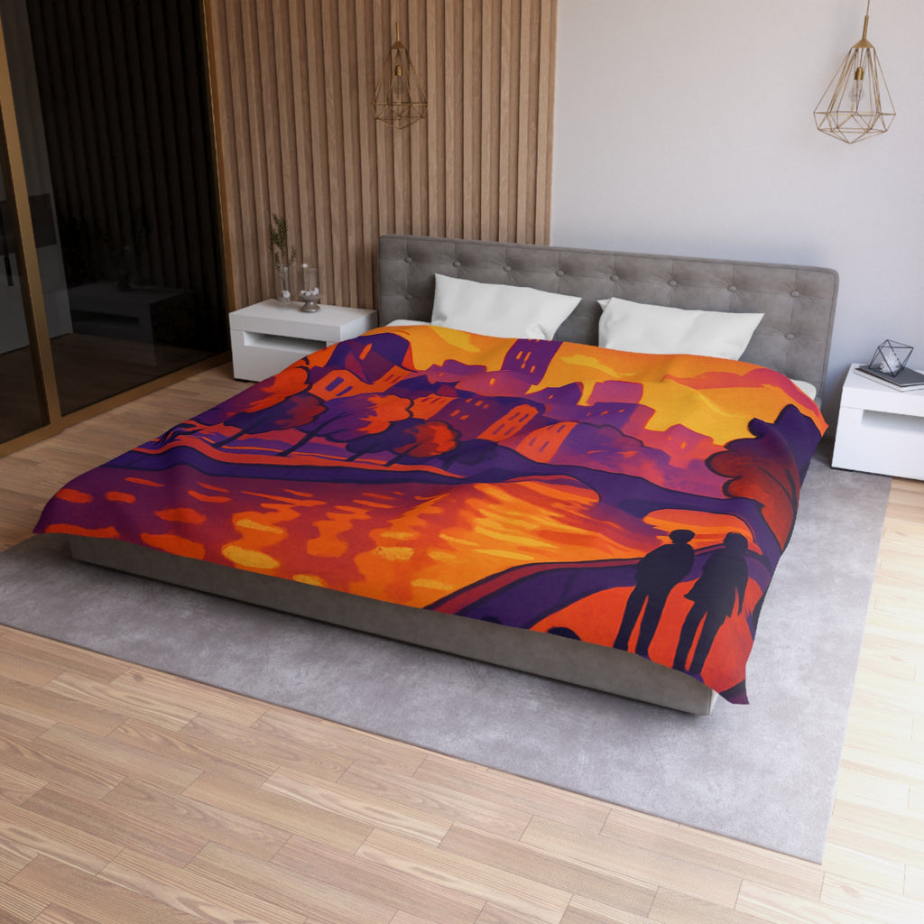 Vibrant paysage urbain crépusculaire avec silhouettes et rivière pour housse de couette