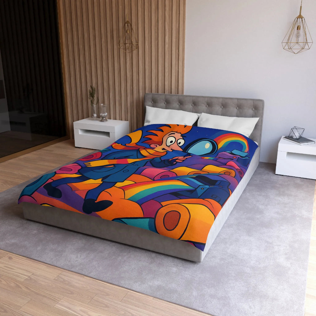 Explorez les couleurs et mystères sur housse de couette lumineuse avec détective fantaisiste