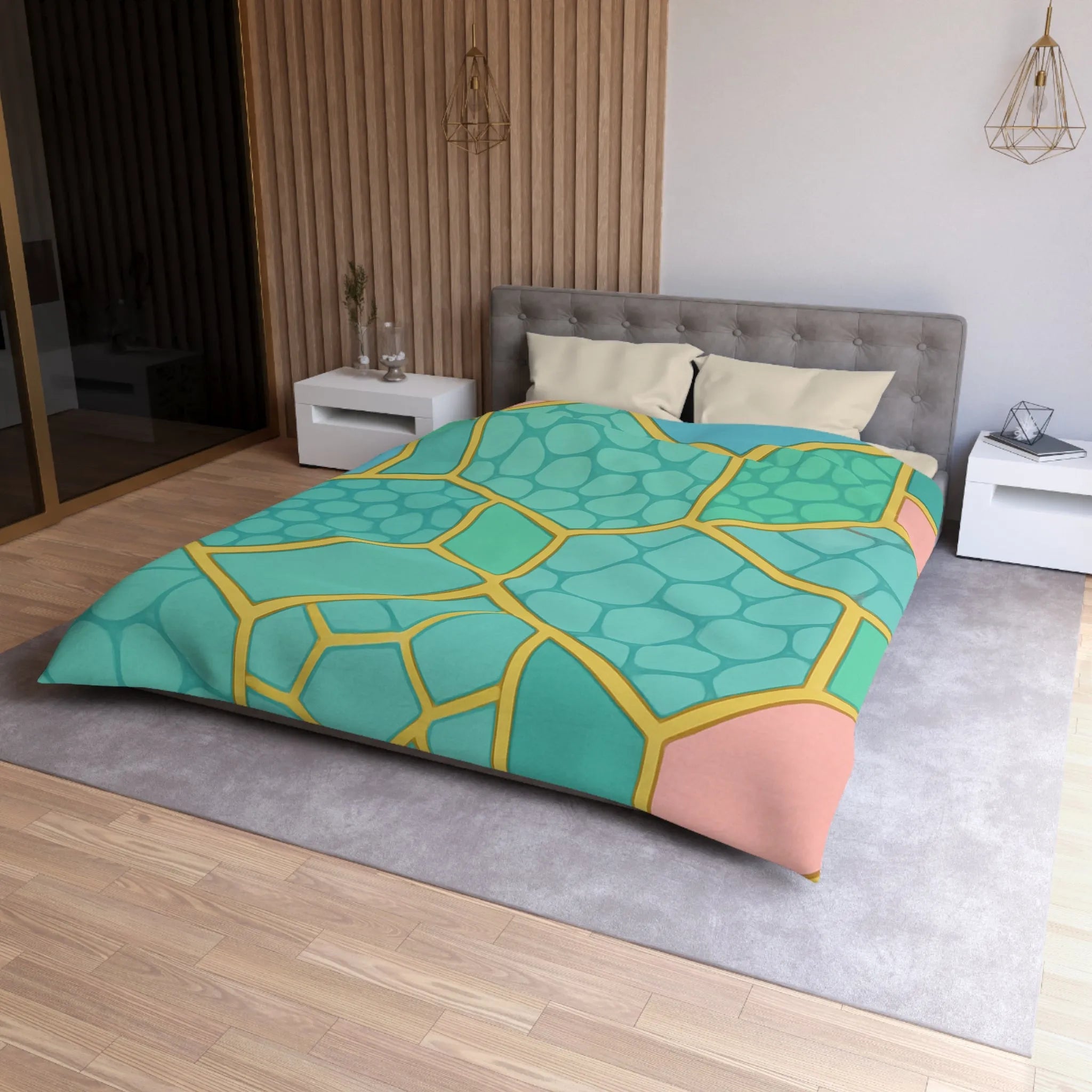 Housse de couette hexagonale pastel avec motifs géométriques et texture miel moderne