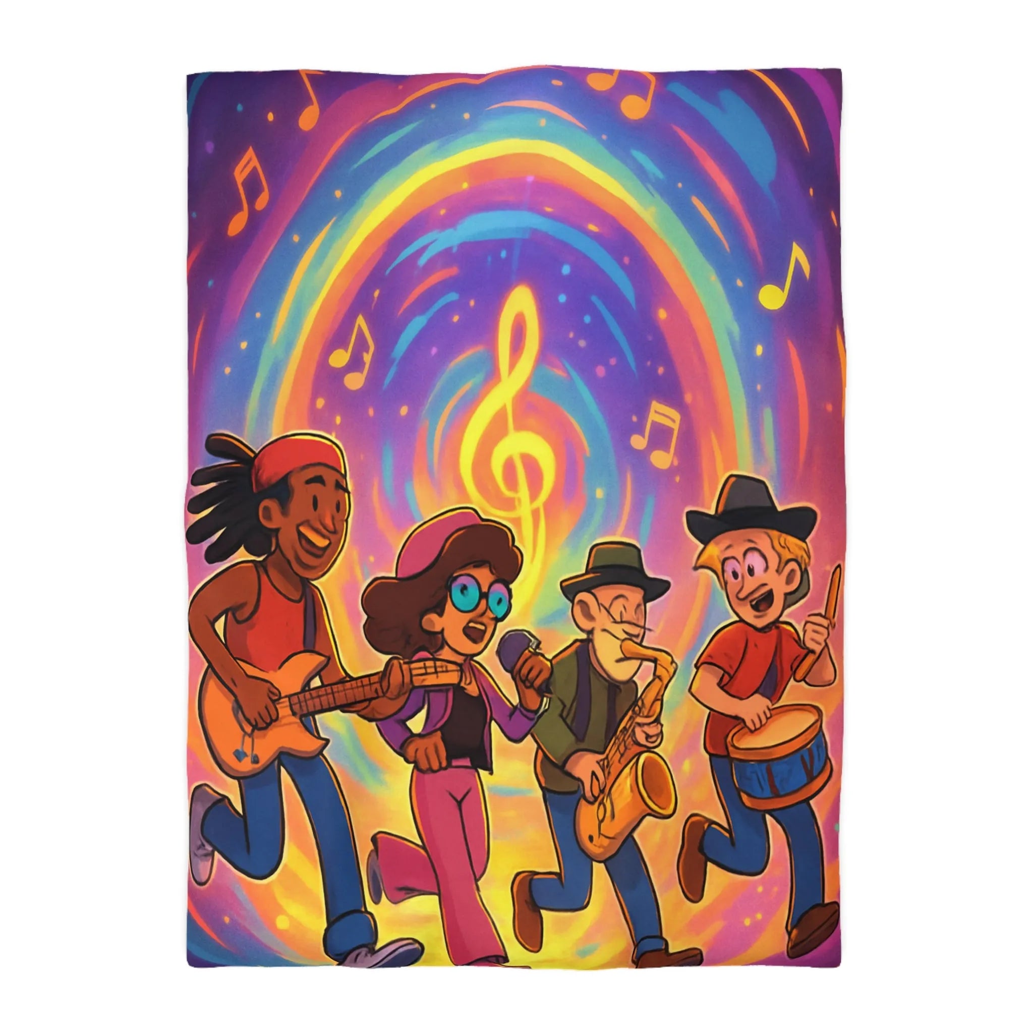 Housse de couette animée avec quatre musiciens et notes colorées en spirale lumineuse