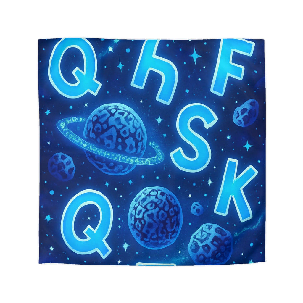 Alphabet bleuté interstellaire sur housse de couette planètes et étoiles pour décoration spatiale