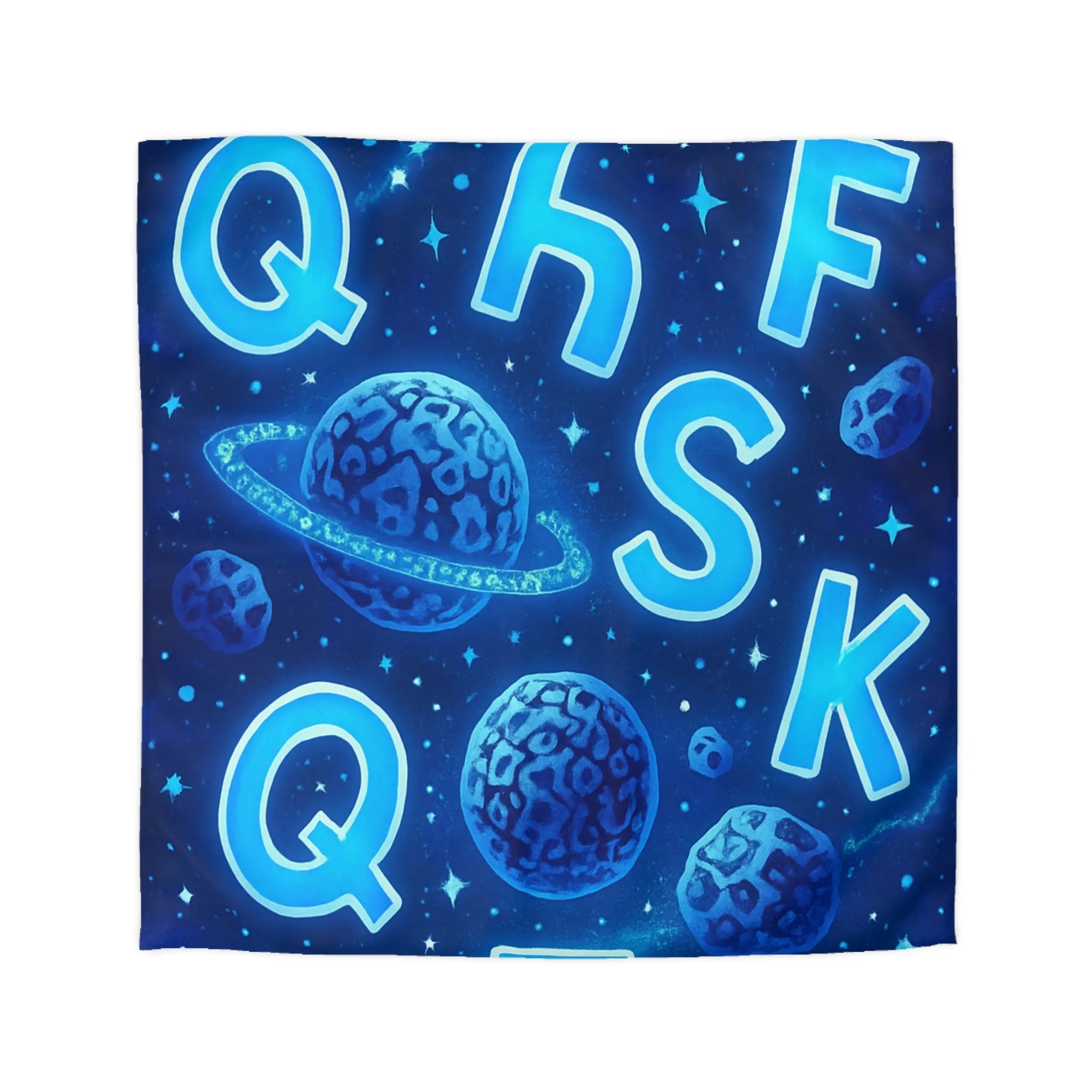 Alphabet bleuté interstellaire sur housse de couette planètes et étoiles pour décoration spatiale