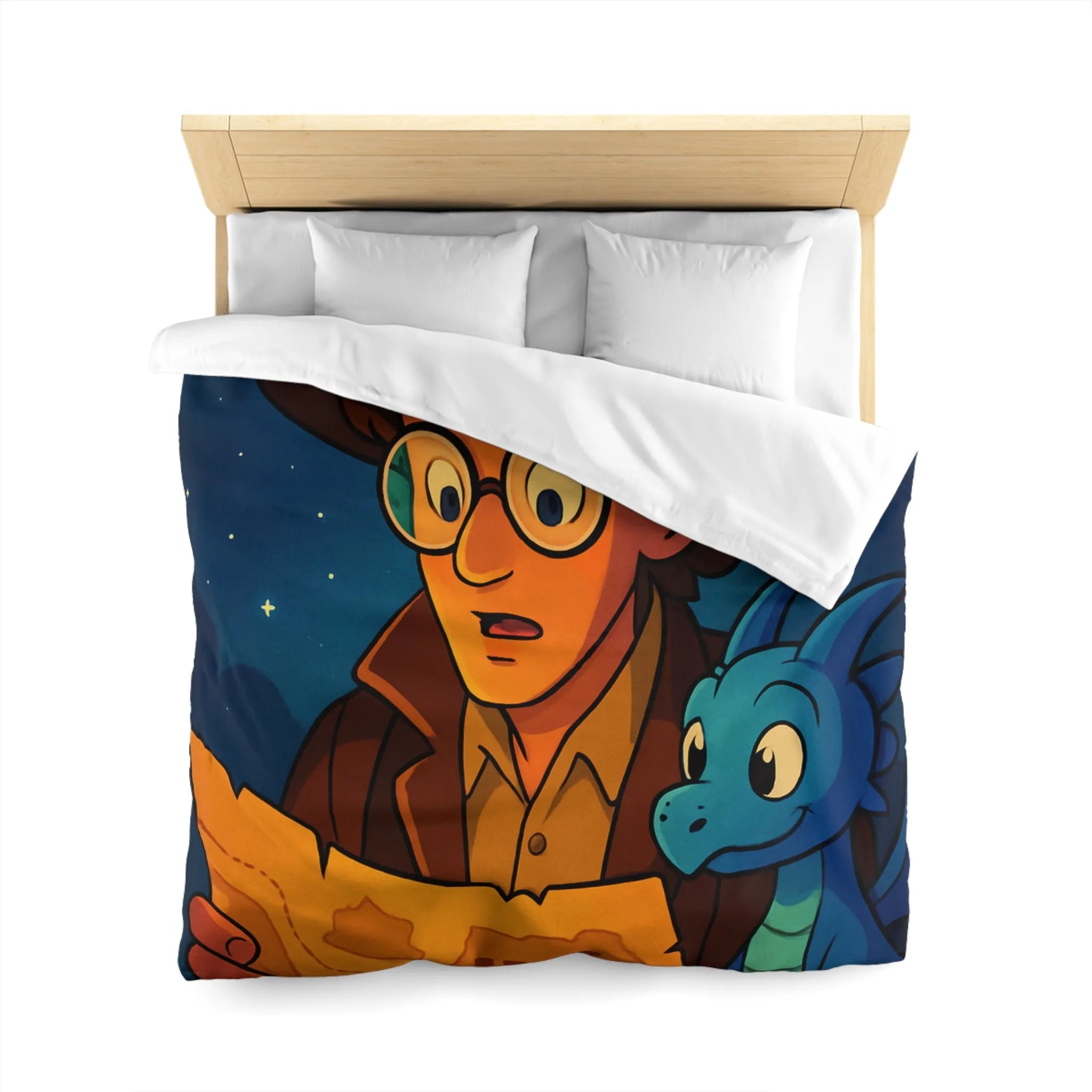 Aventure nocturne avec explorateur et dragon bleu sous planètes mystiques sur fond étoilé