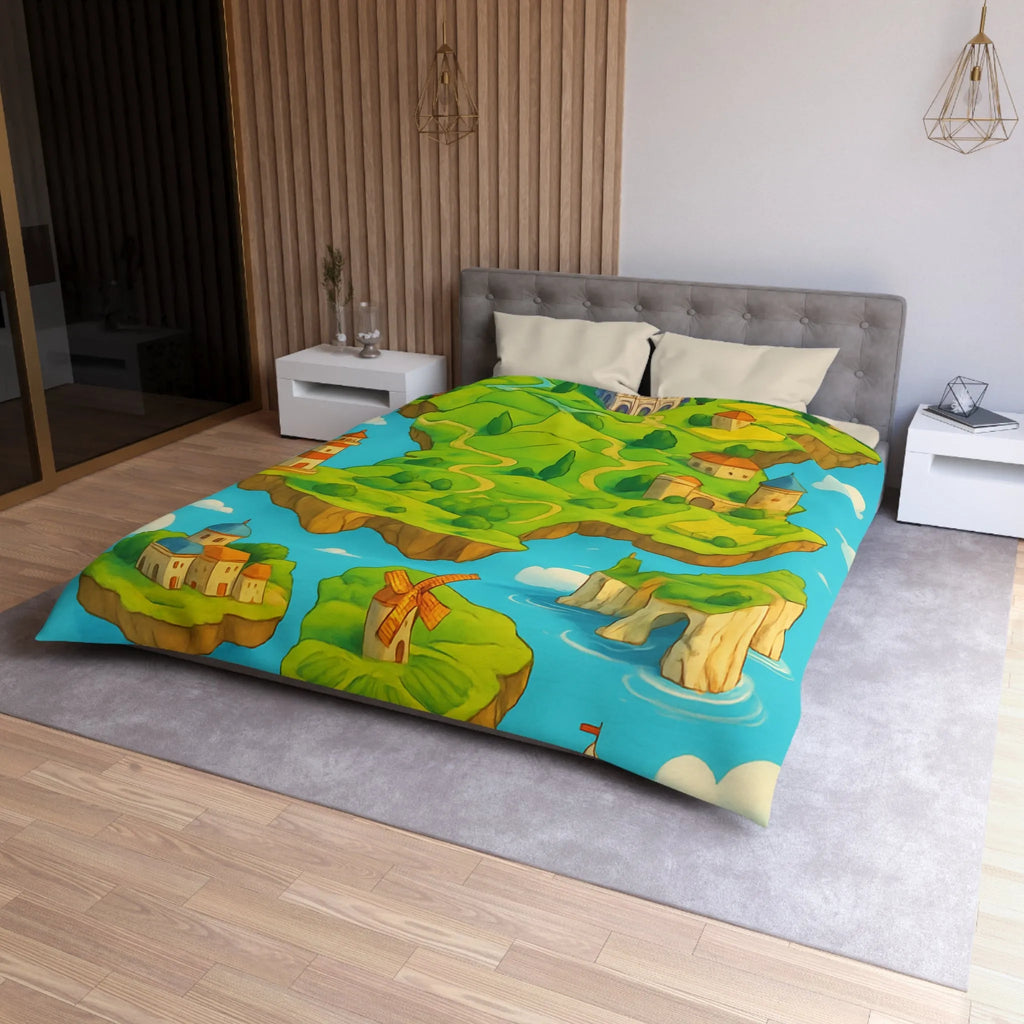 Housse de Couette Fantaisie Île Flottante Paysage Coloré Mer Moulins et Phare
