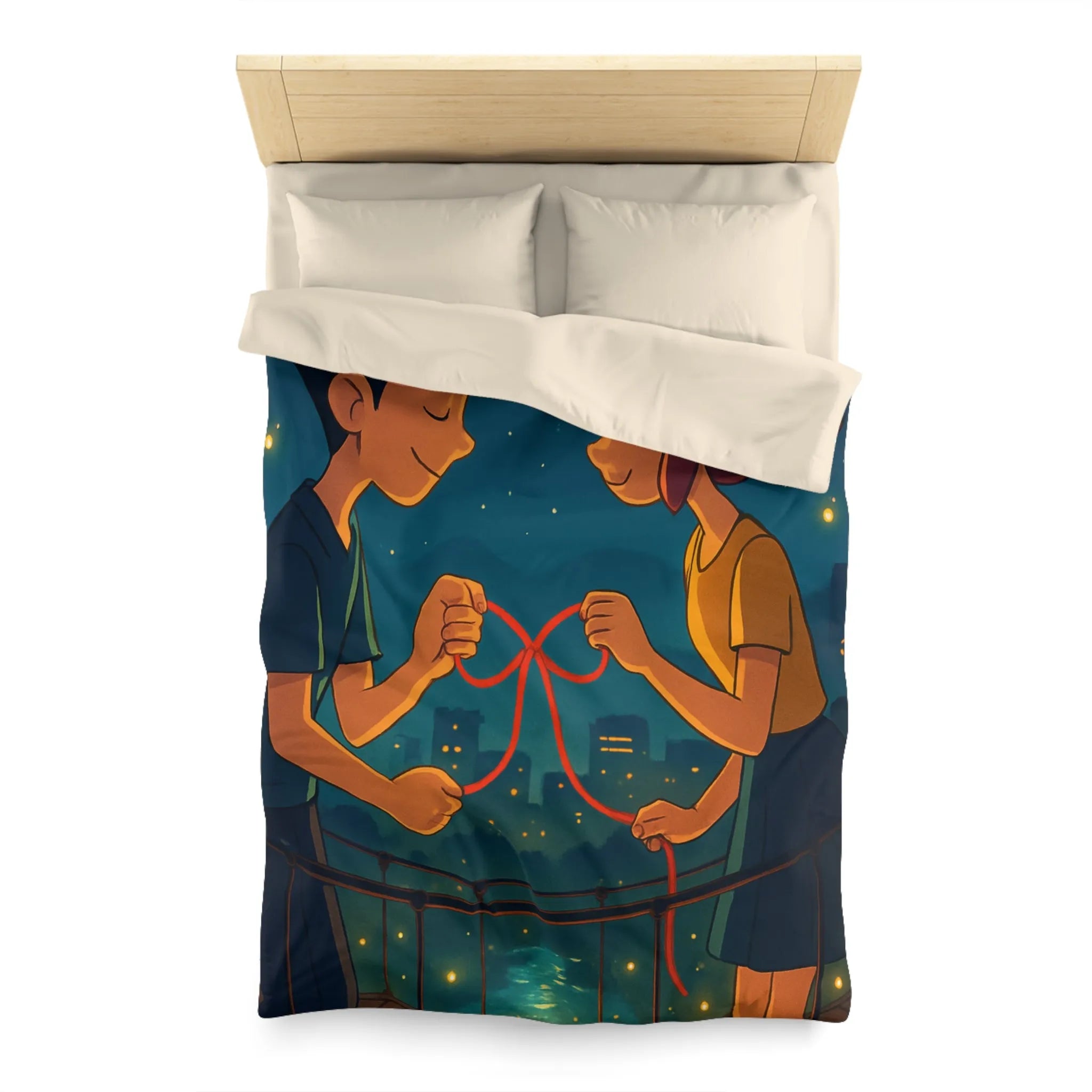 Housse de couette animée couple amoureux sur pont au-dessus d'une ville étoilée