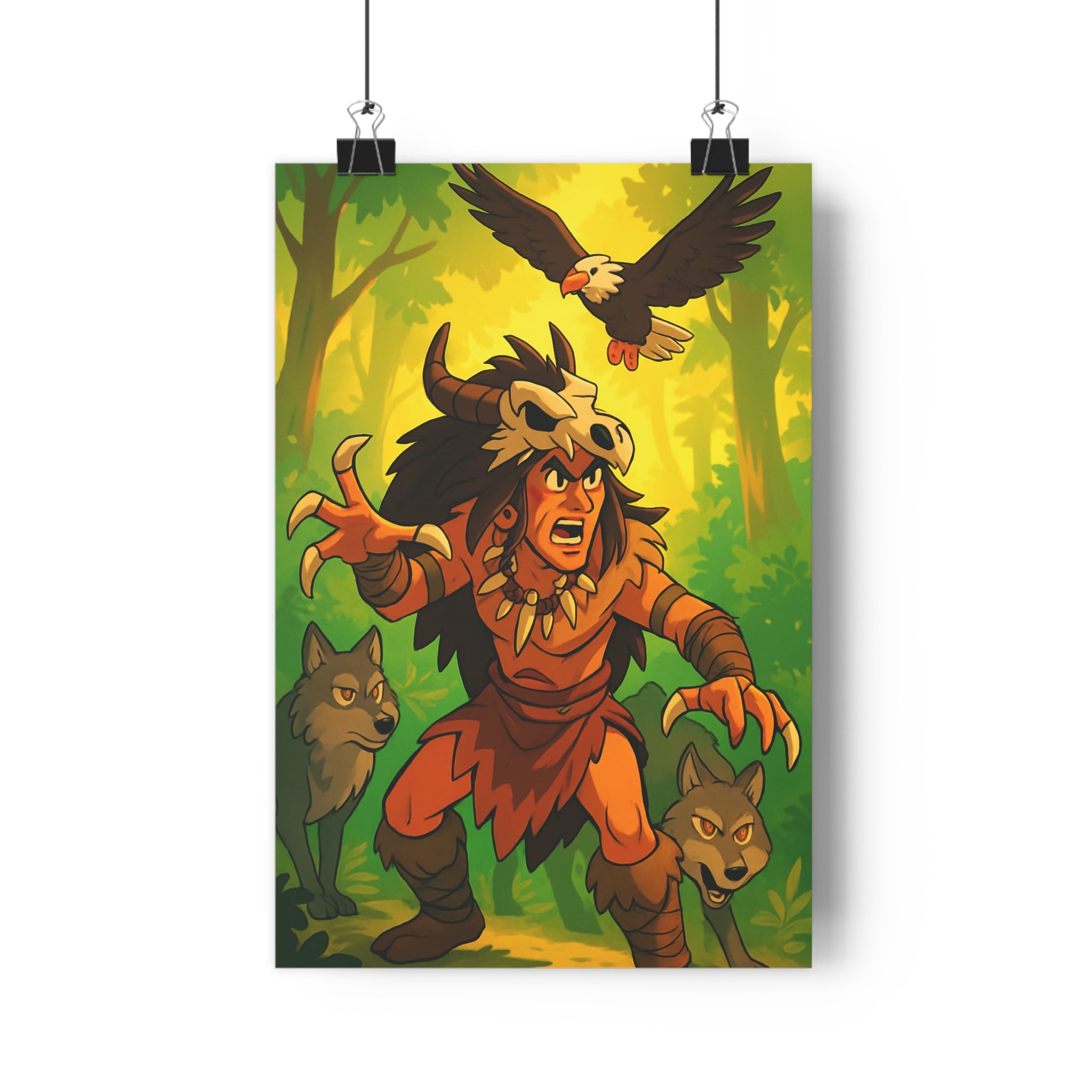 Poster décoratif guerrier forêt crâne loup aigle cartoon fantasy mystique épique vert jaune chambre
