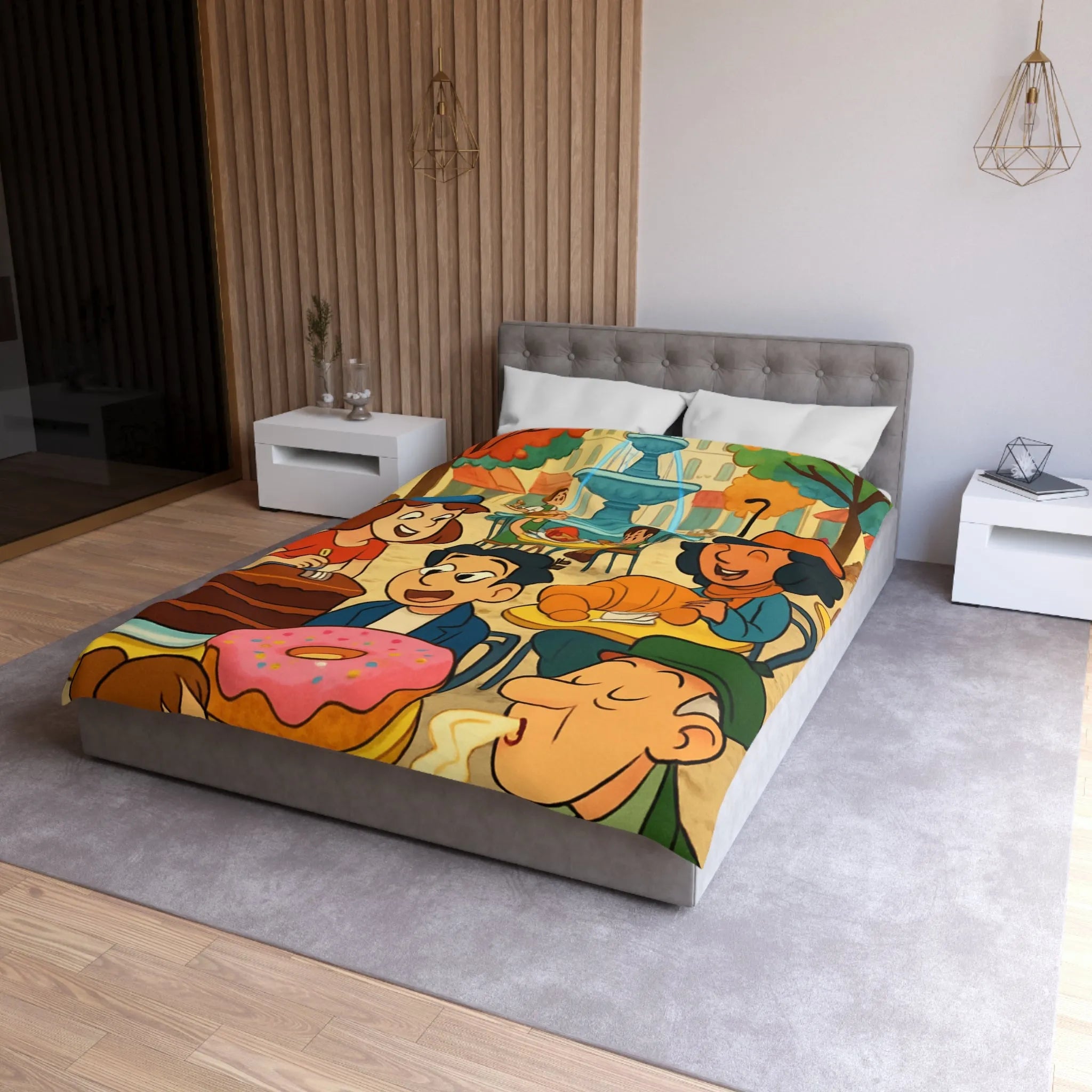 Housse de Couette Illustrée Café Parisien Déjeuner en Plein Air Ambiance Automnale Colorée