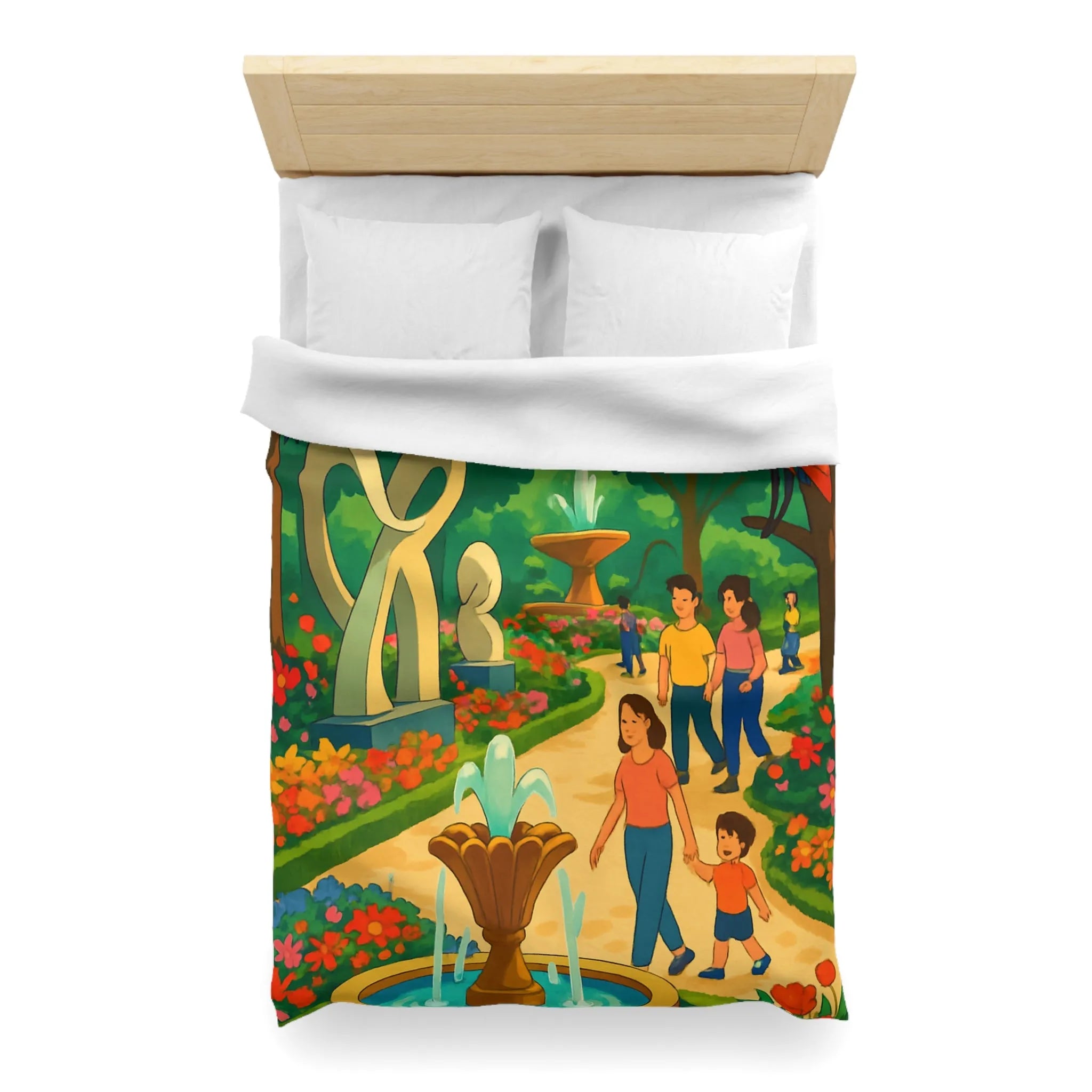 Housse de Couette Colorée Illustrant un Jardin avec Oiseaux et Familles en Promenade