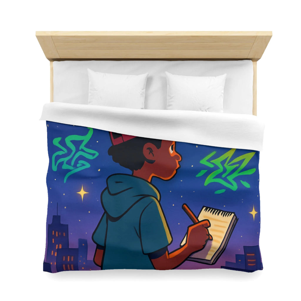 Housse de couette avec jeune artiste dessinant sous un ciel étoilé urbain coloré
