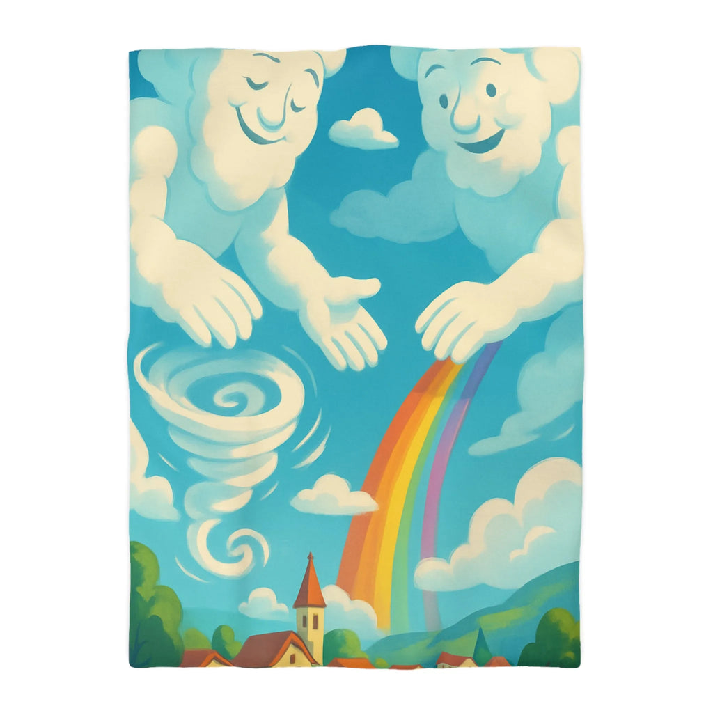 Art ludique de nuages souriants au-dessus d'un village teinté de couleurs vives