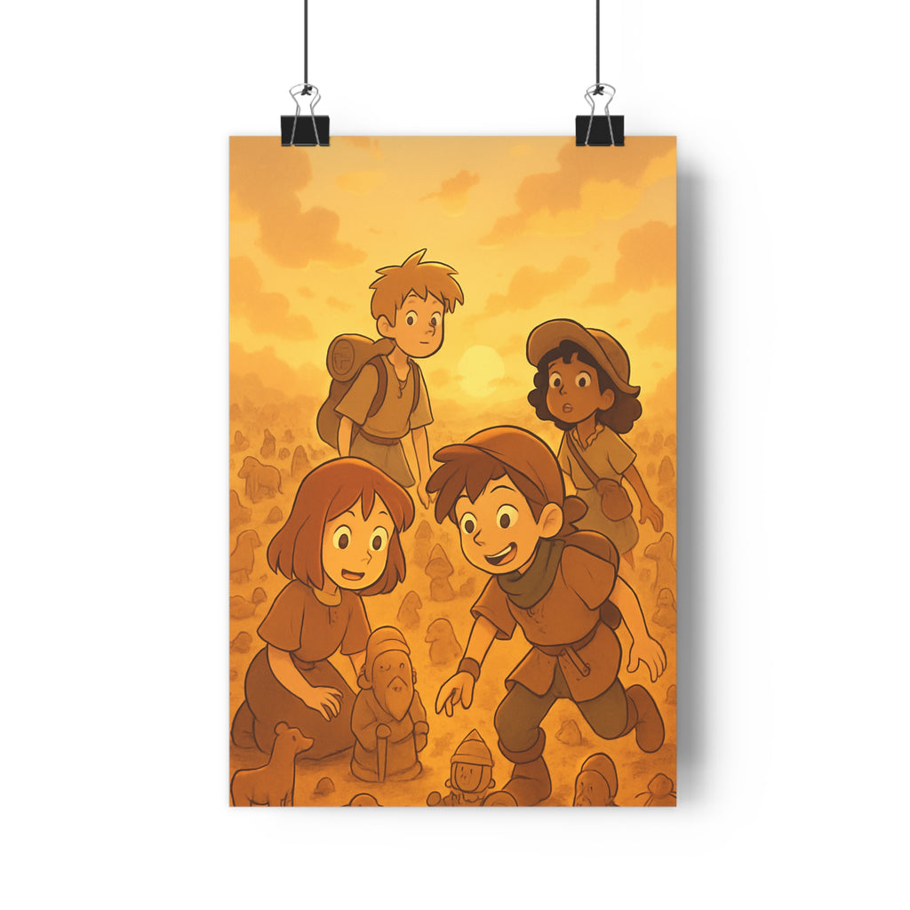 Poster décoratif aventure enfants argile terracotta chaleureux chambre créatif explorateur paysage animé format 30