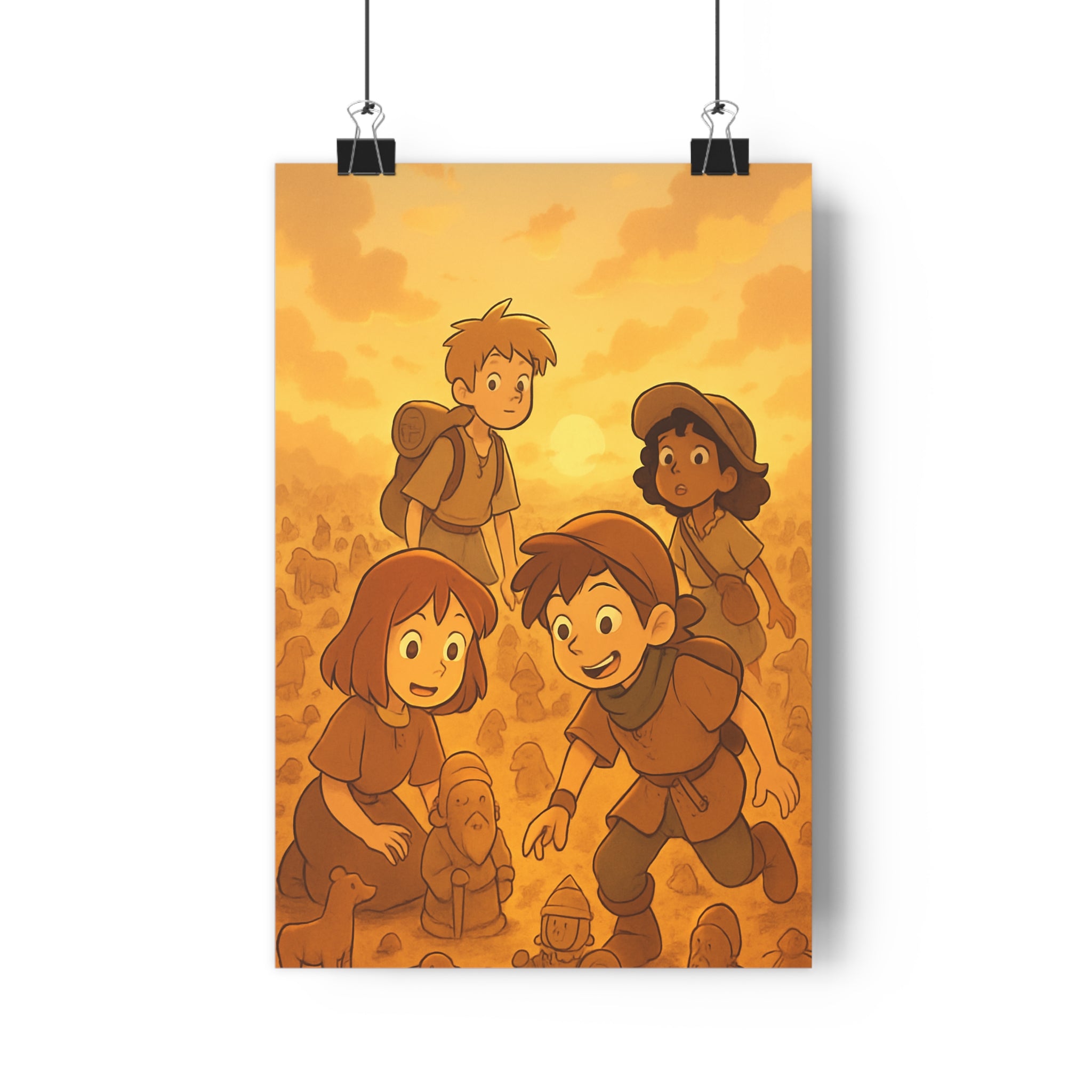 Poster décoratif aventure enfants argile terracotta chaleureux chambre créatif explorateur paysage animé format 30