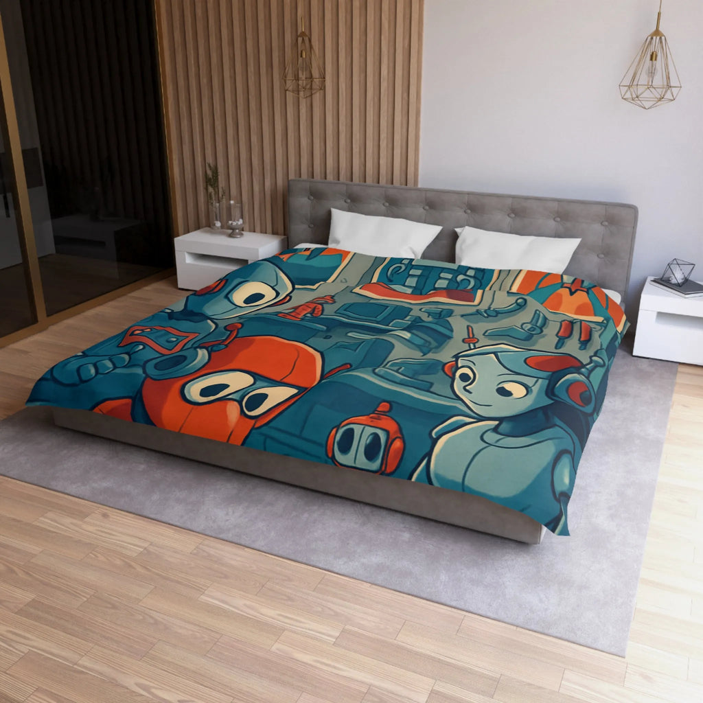 Housse de Couette Adorable Atelier de Robots pour Enfants au Look Rétro Futuriste