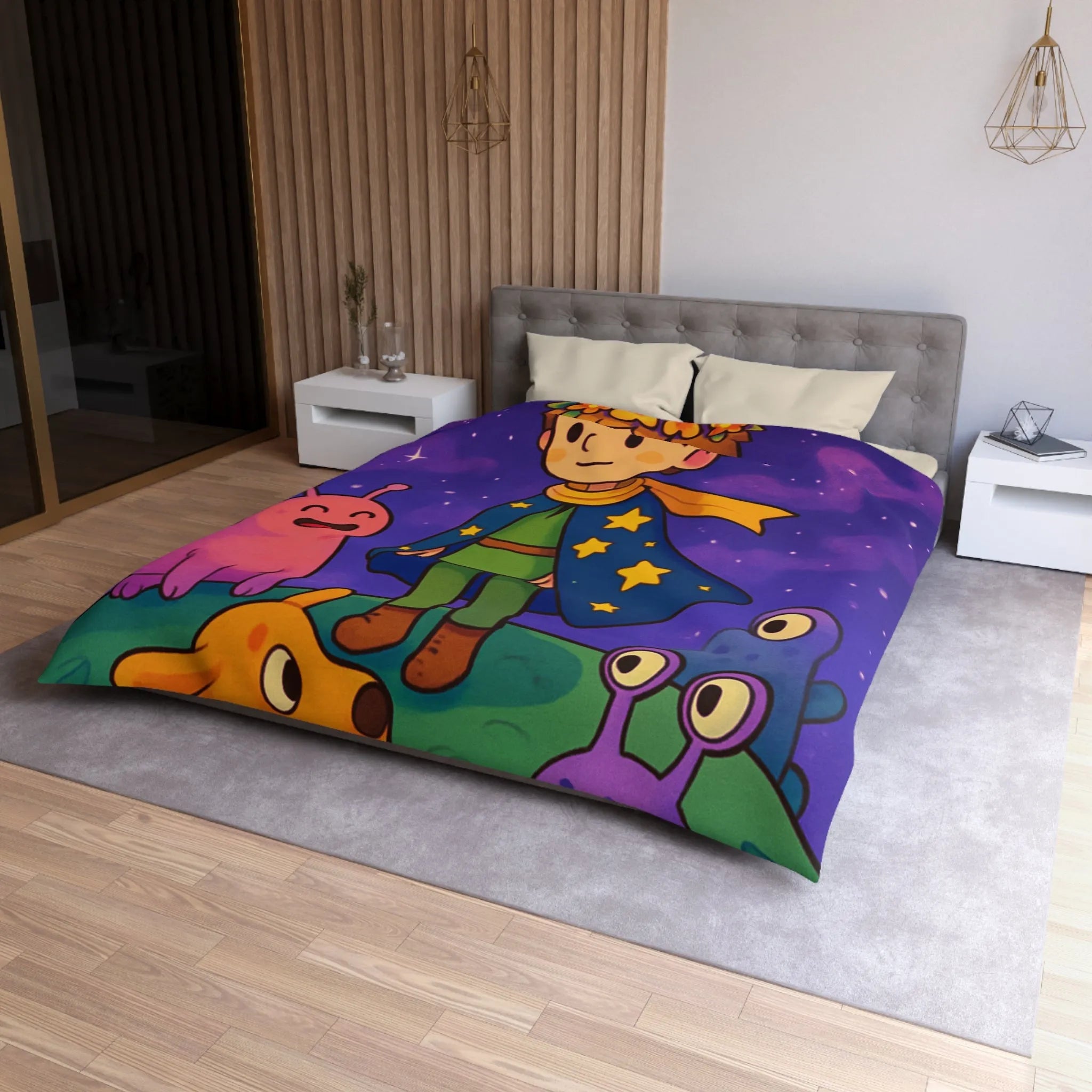 Housse de Couette Colorée Enfantine avec Enfant et Créatures sous Ciel Étoilé