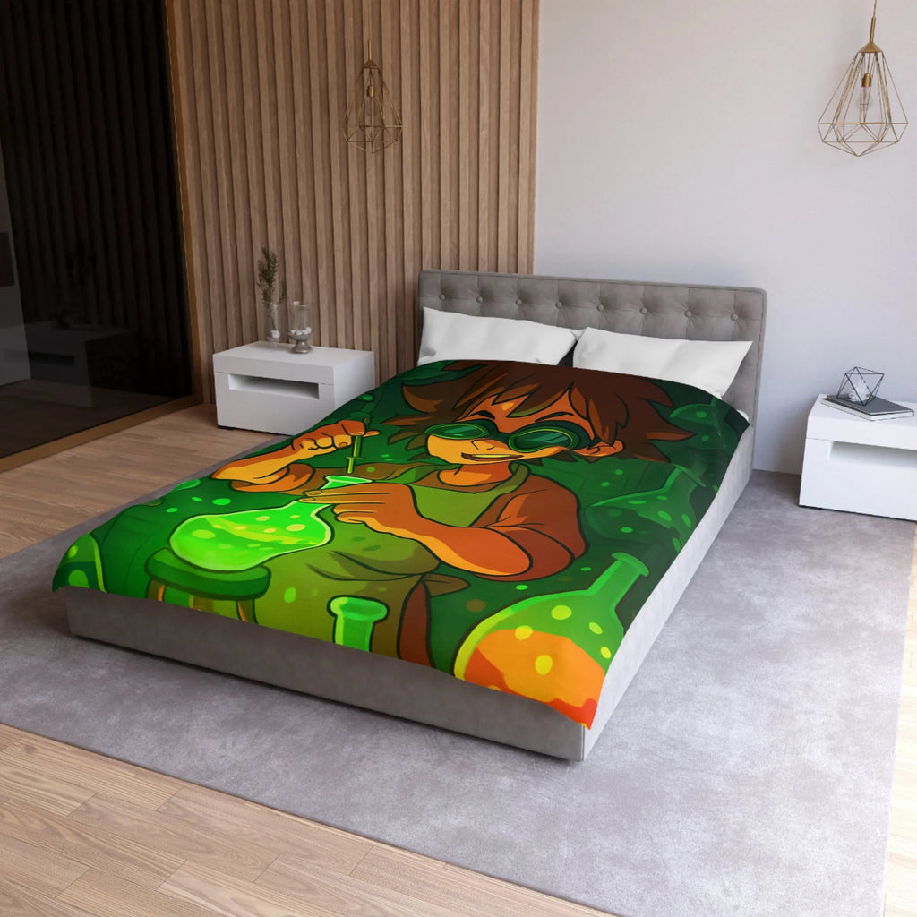 Housse de couette colorée avec un jeune chimiste dans un laboratoire mystérieux et magique