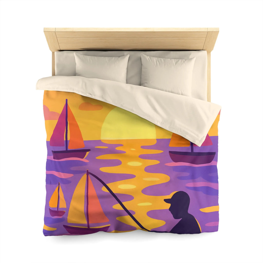 Housse de couette colorée avec voiliers et coucher de soleil magnifique au bord de l'eau