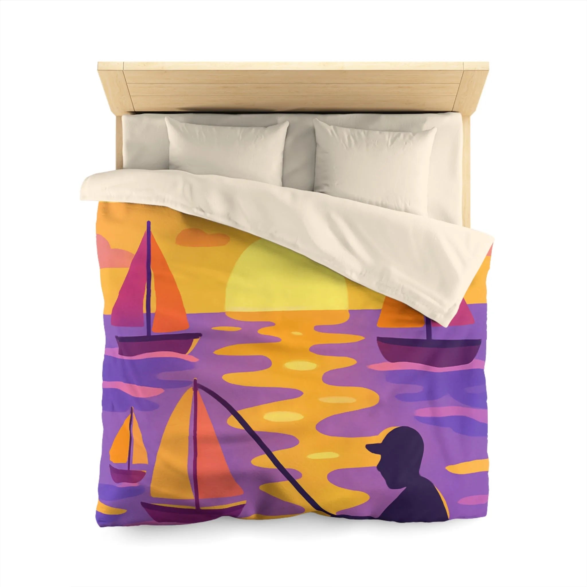 Housse de couette colorée avec voiliers et coucher de soleil magnifique au bord de l'eau