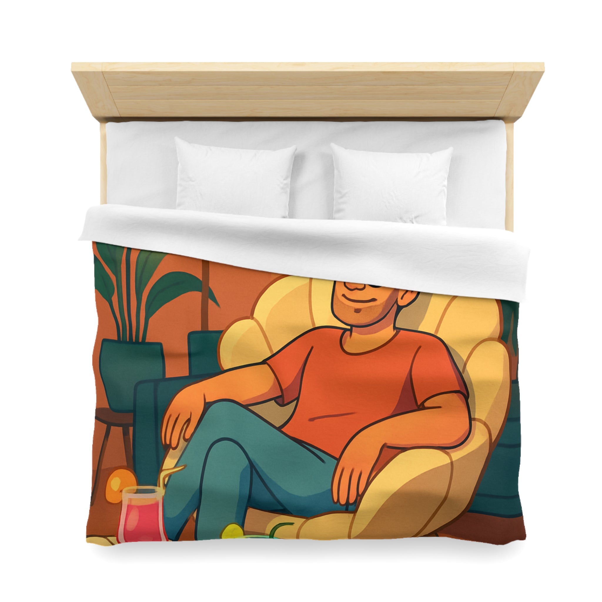 Housse de Couette Tropicale Design Moderne avec Feuilles et Boissons Colorées Style Rétro