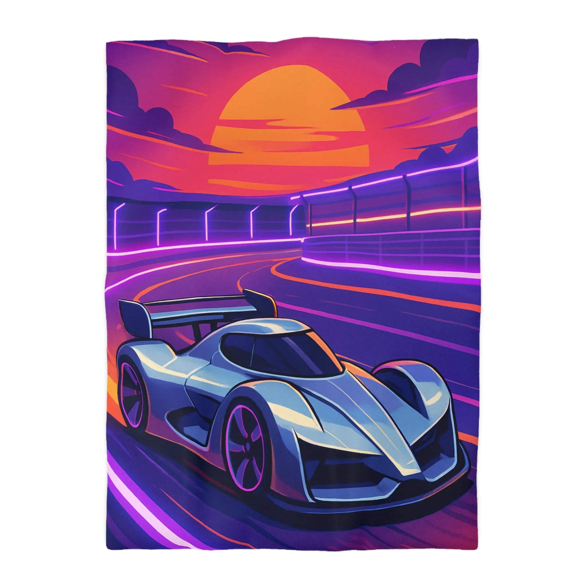 Housse de couette de voiture futuriste dérapante sur circuit éclairé au coucher du soleil