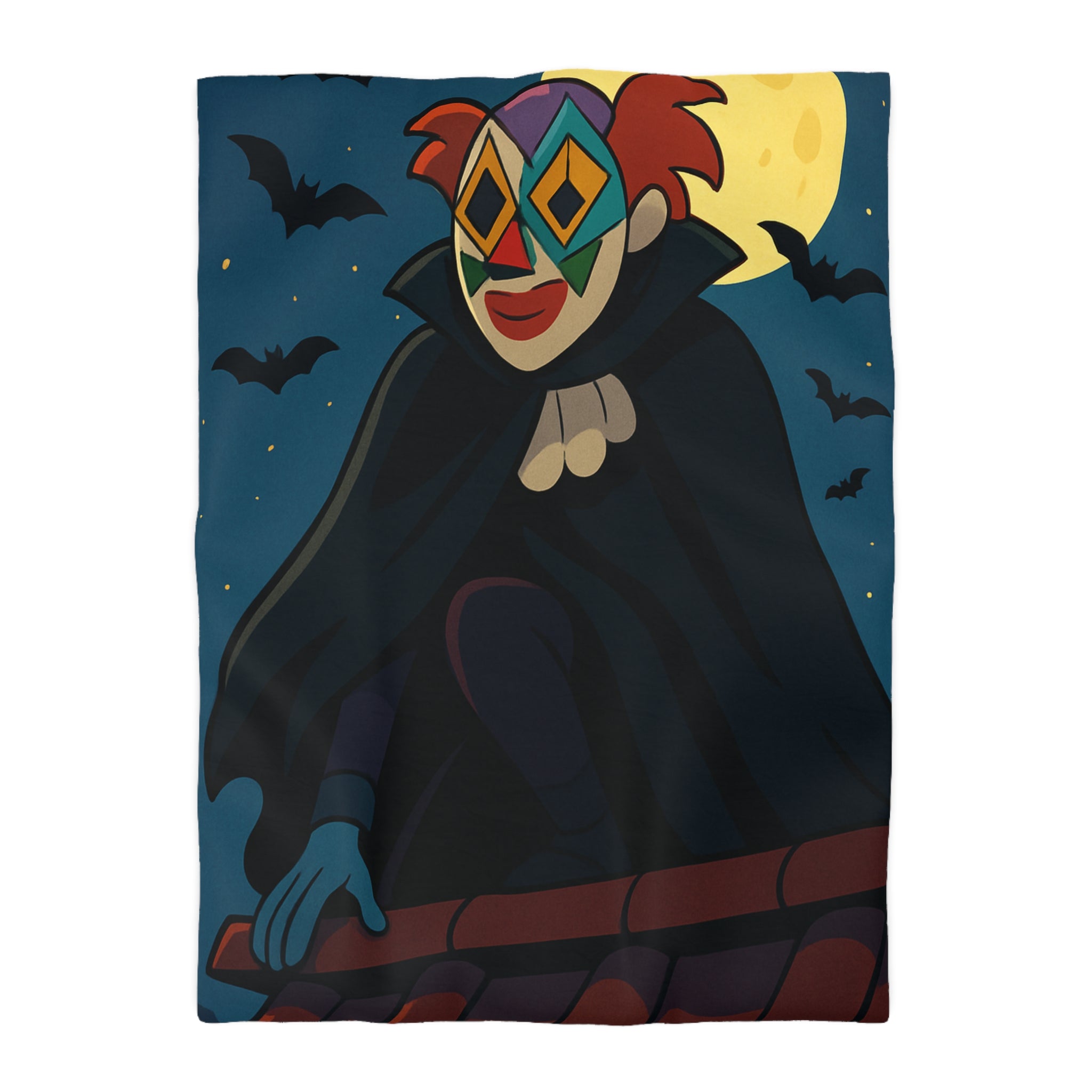 Masque Joker Coloré Sous Pleine Lune avec Chauves-Souris sur une Toiture Effrayante