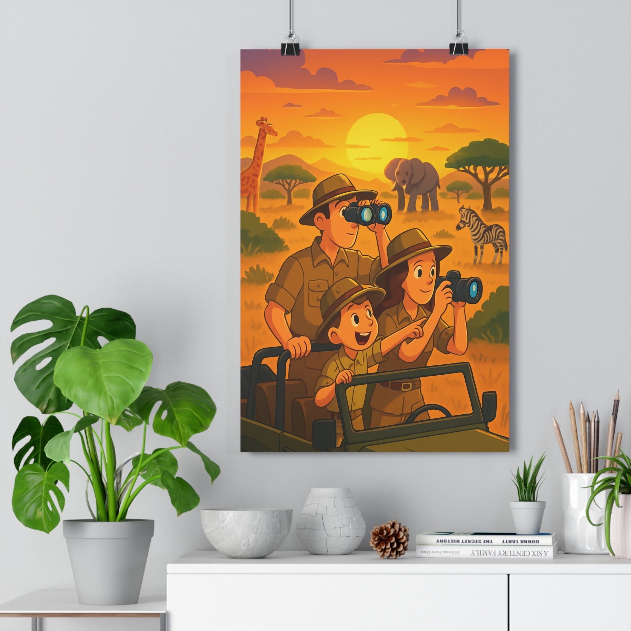 Poster décoratif cartoon vibrant safari famille aventure savane couleurs chaudes girafe éléphant zèbre chambre