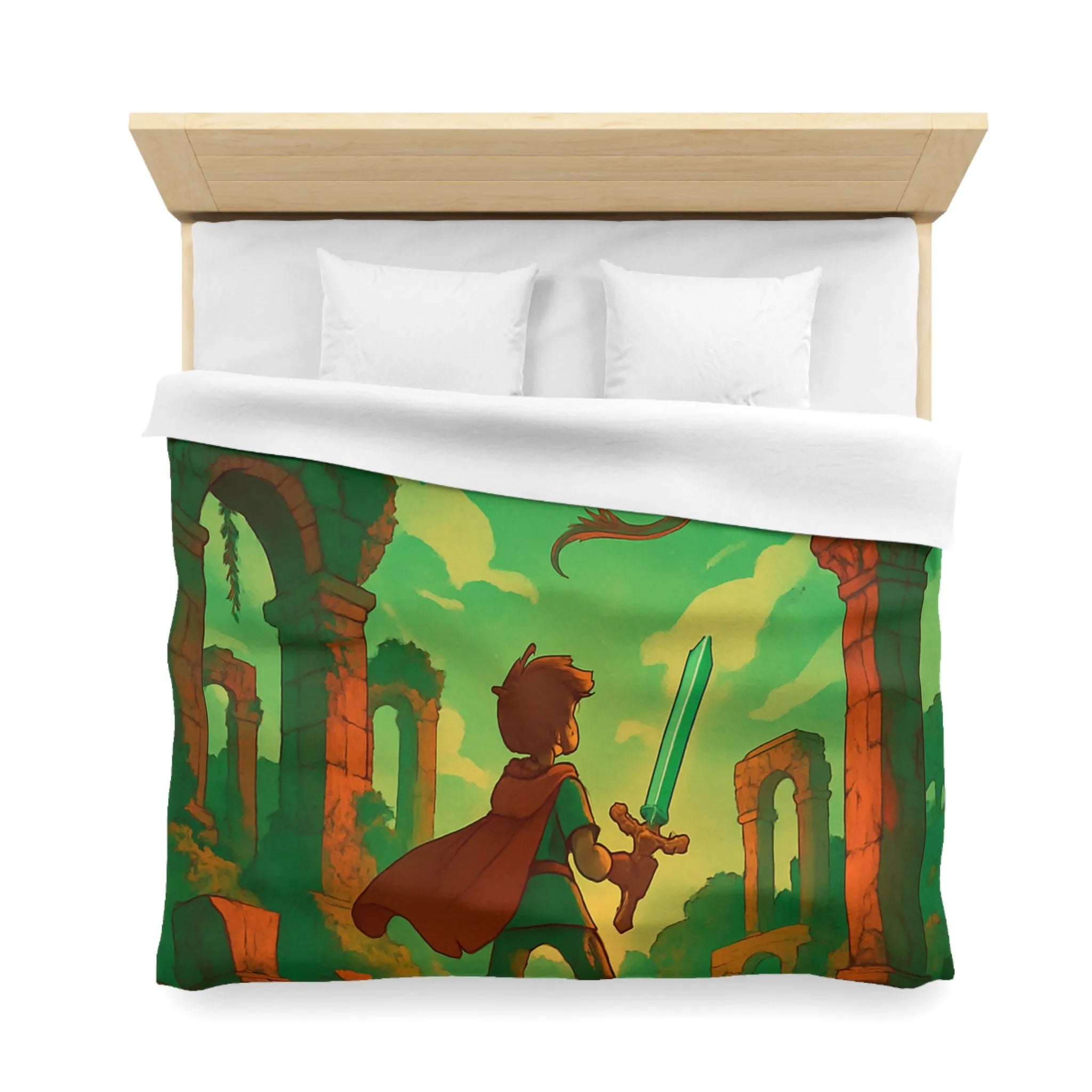 Housse de couette avec chevalier brave et dragon volant dans ruines anciennes