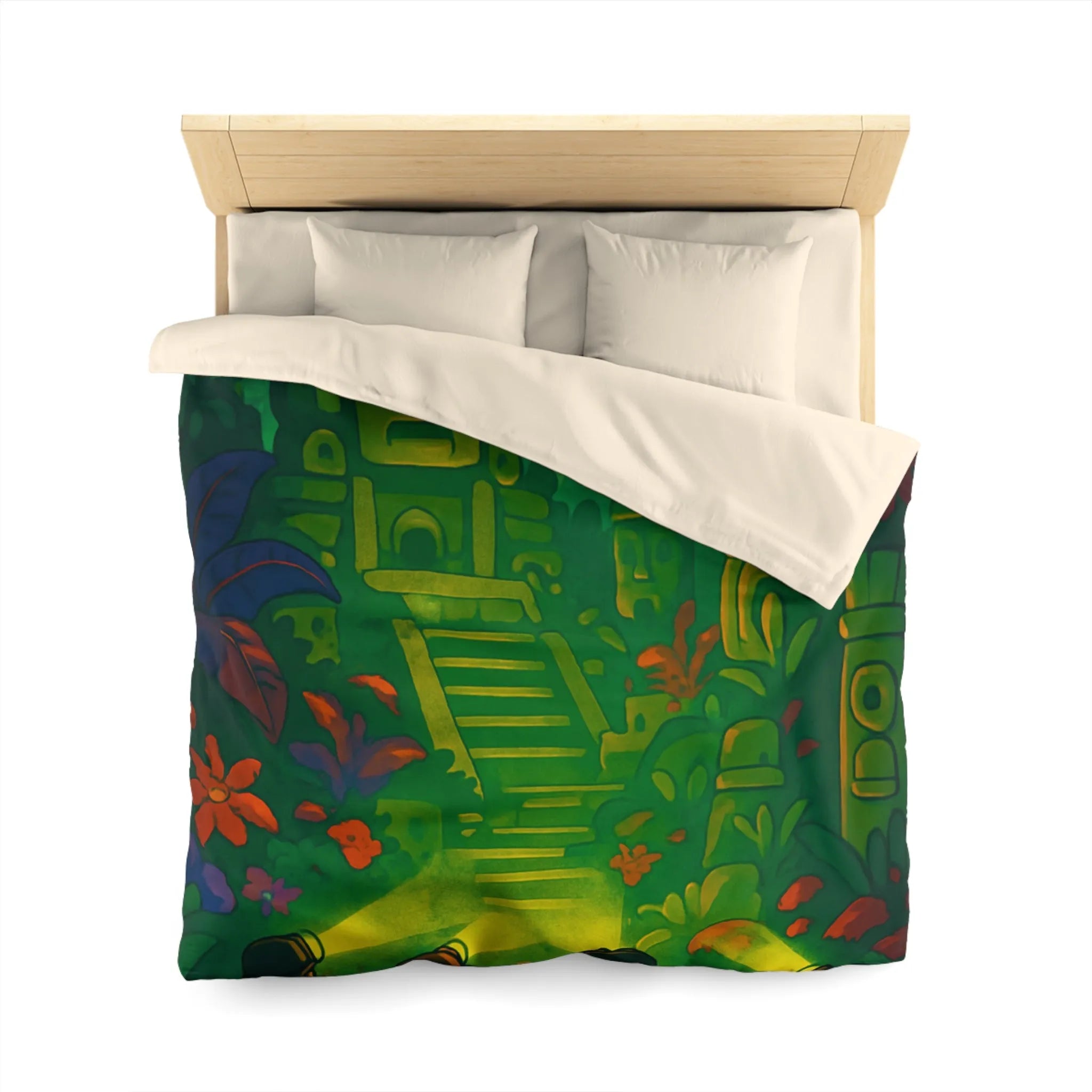 Housse de couette forêt tropicale avec statues anciennes, parfait pour les explorateurs nocturnes