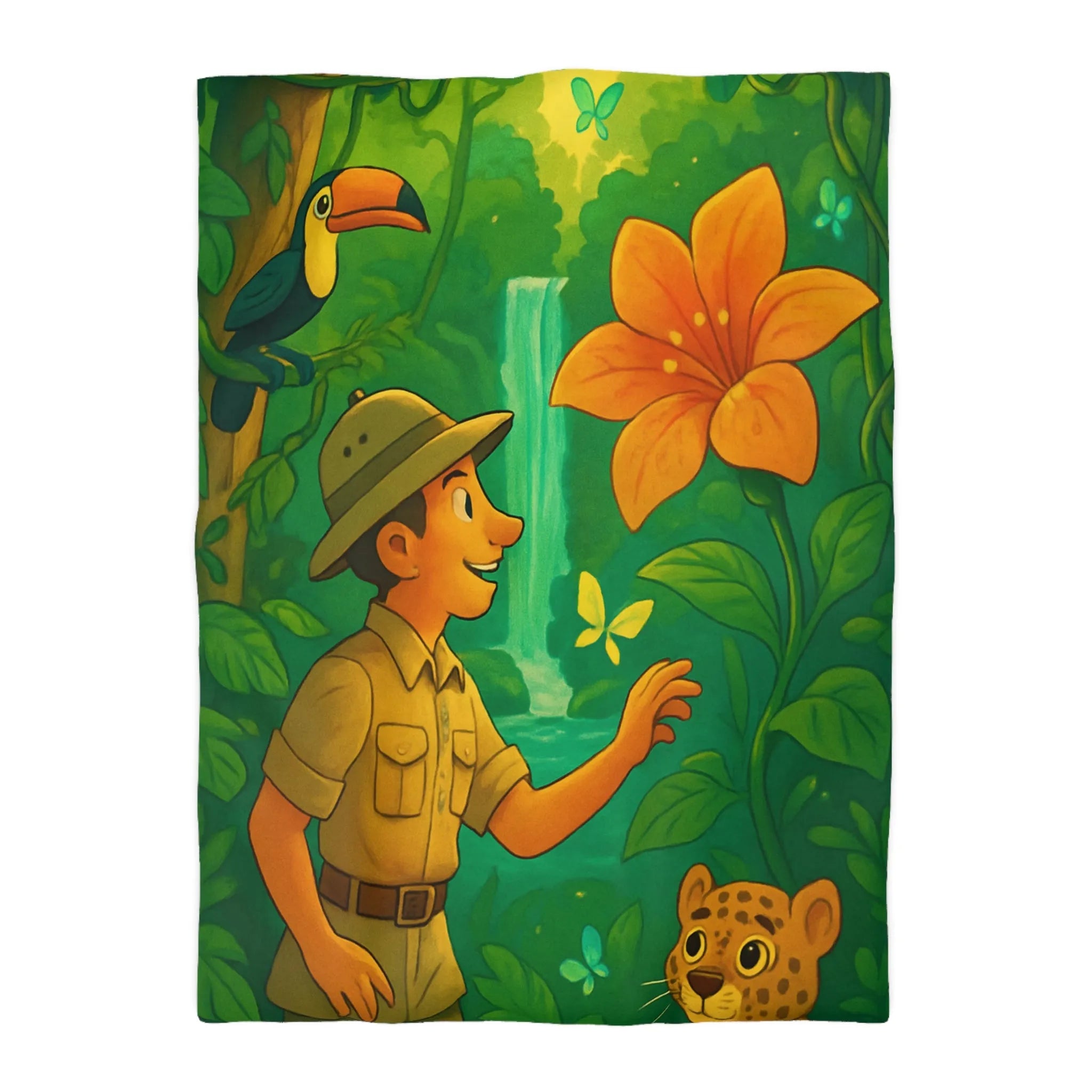 Housse de Couette Jungle Colorée avec Explorateur, Toucan, Léopard et Cascade Enchantée