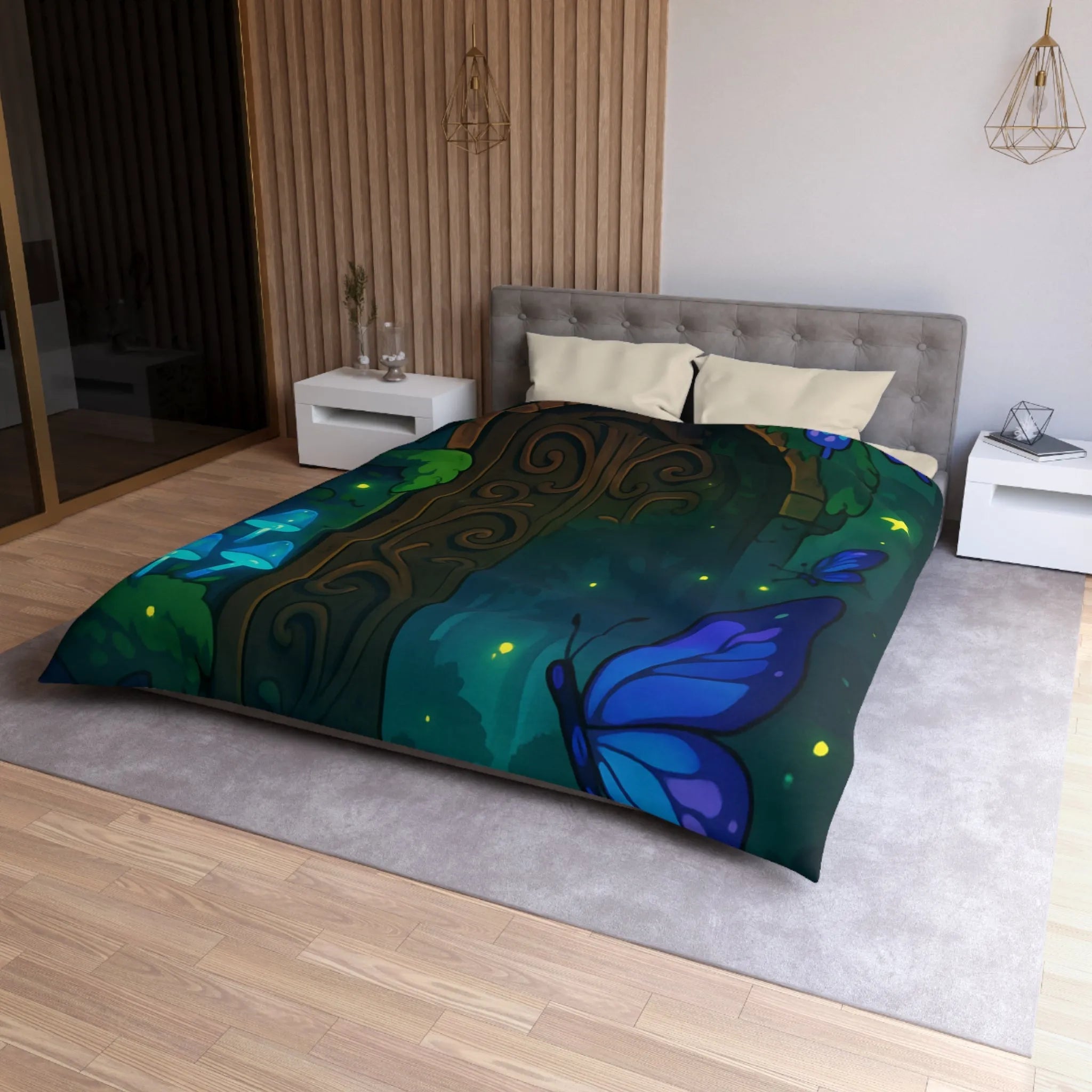 Housse de couette magique bleu papillons et porte en bois mystérieuse forêt enchantée