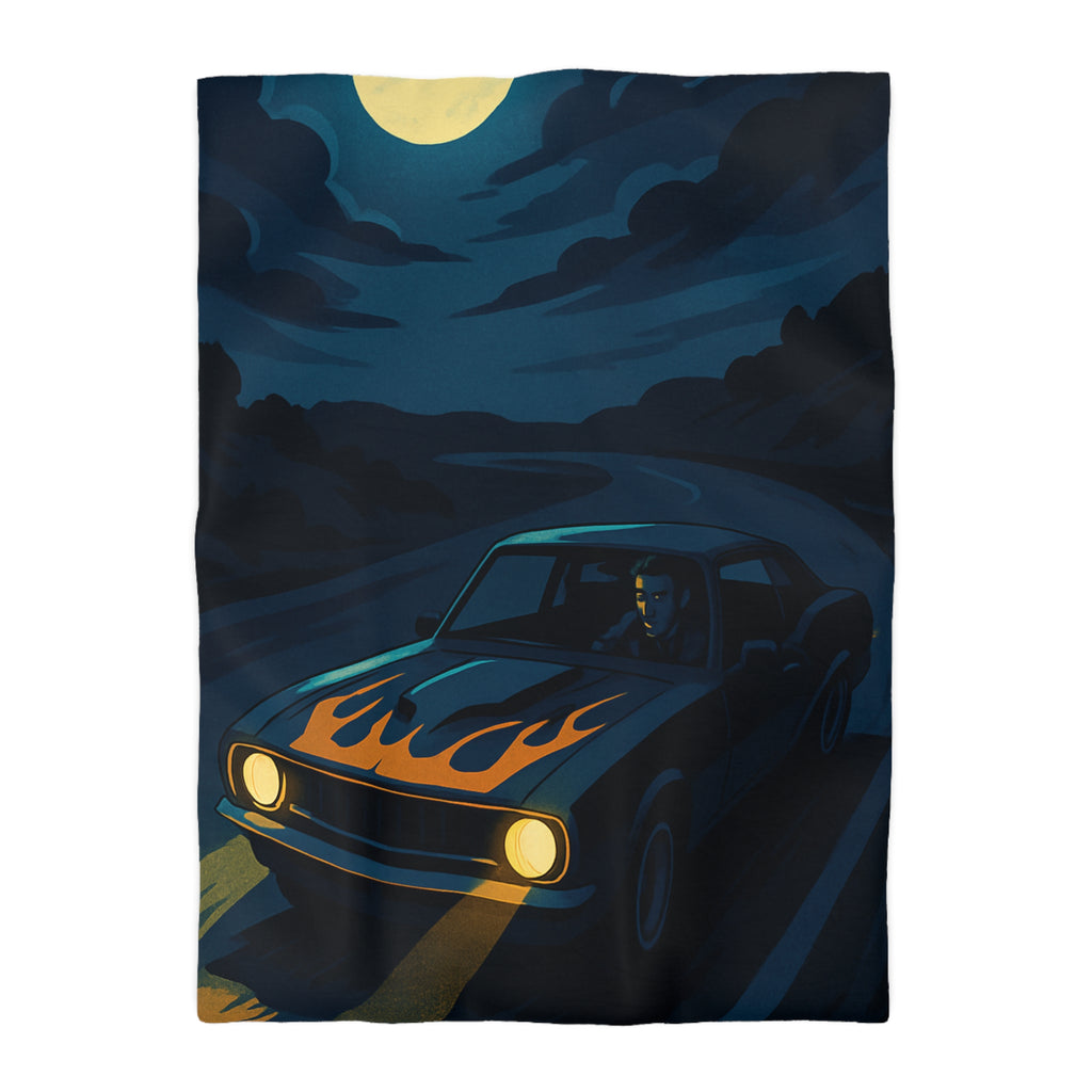 Housse de couette vintage voiture nocturne avec lune et flammes sur capot
