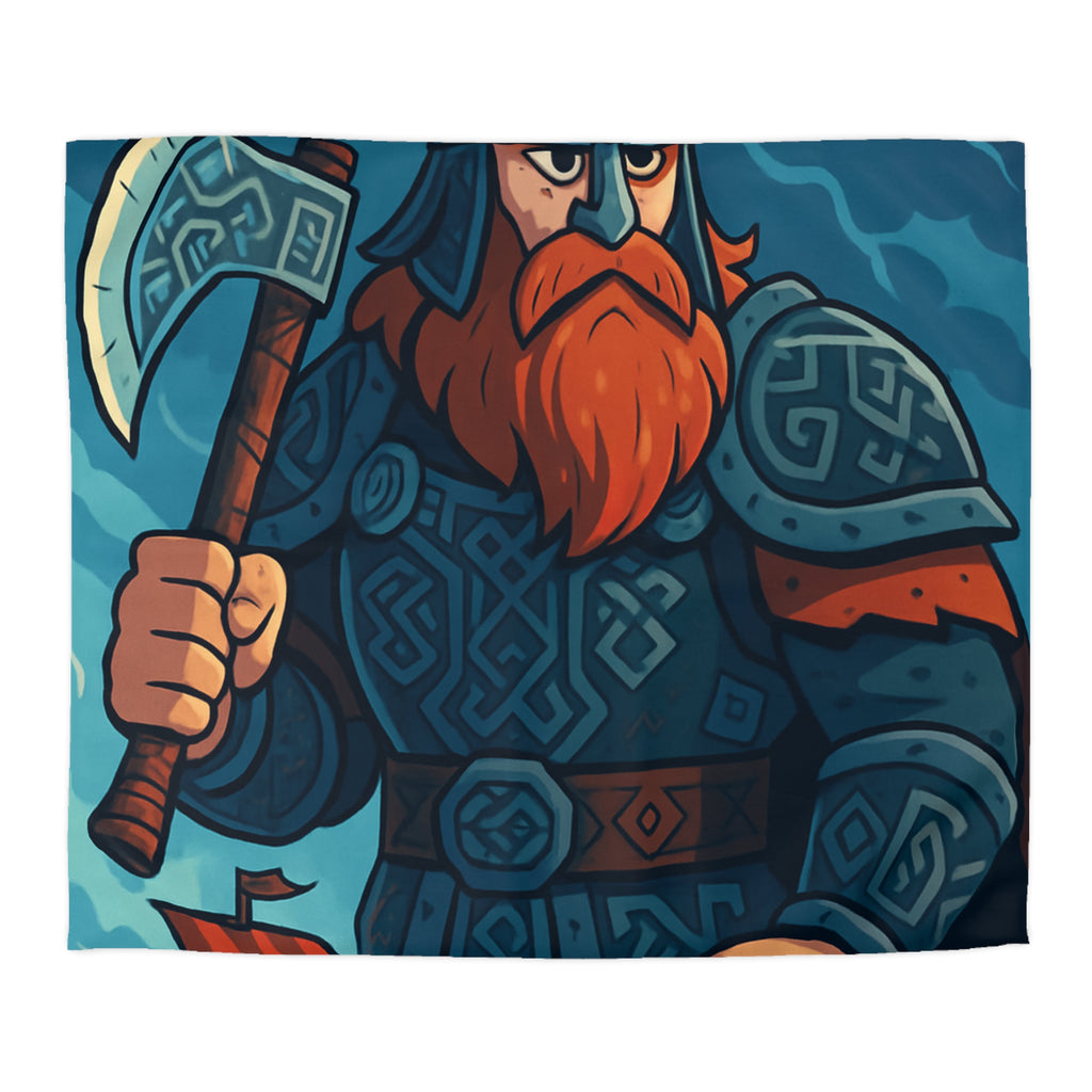 Housse de Couette Viking Illustrée avec Guerrier et Drakkar sur Fond Océan Tempétueux