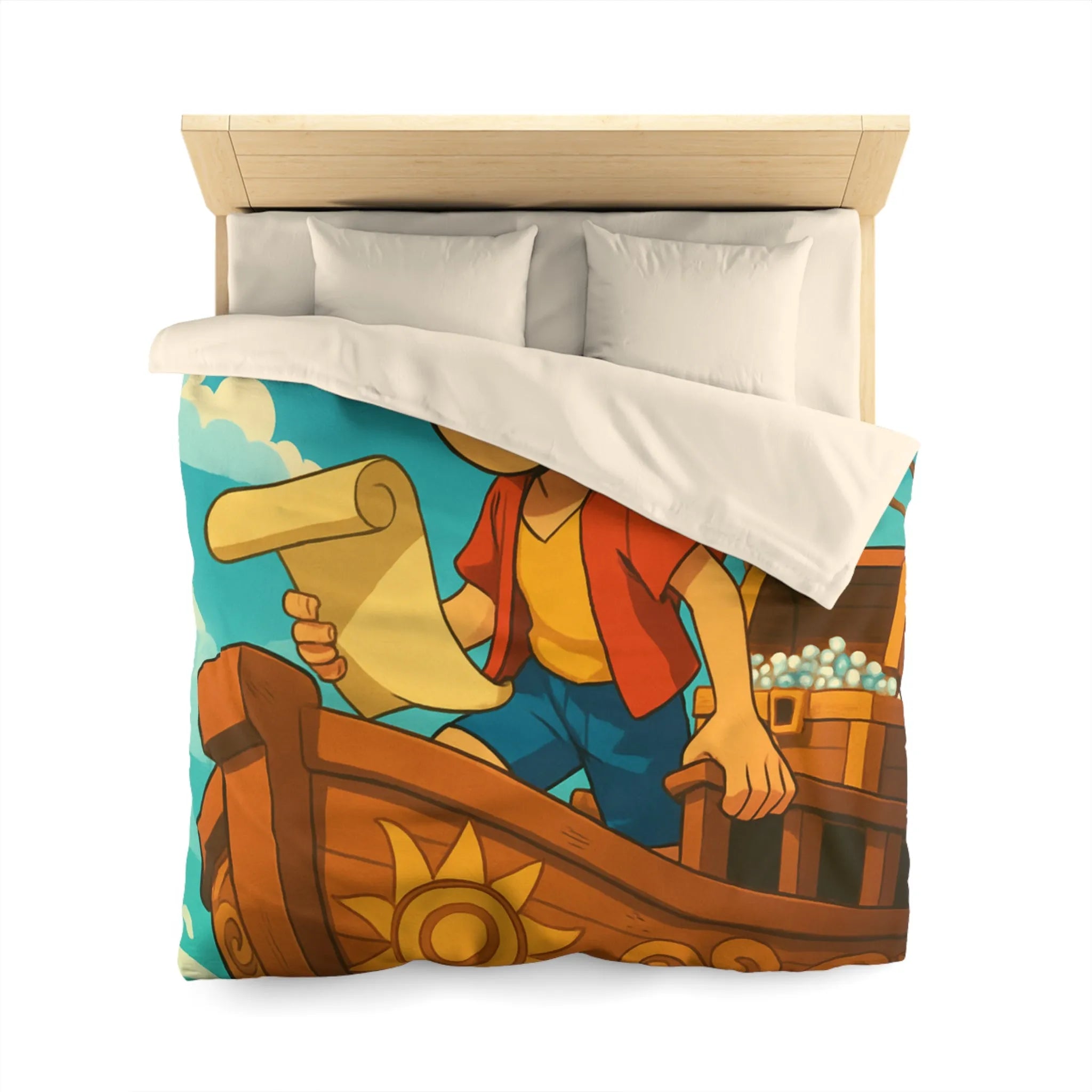 Douce housse de couette enfant motif pirate joyeux en bateau sur vagues bleues