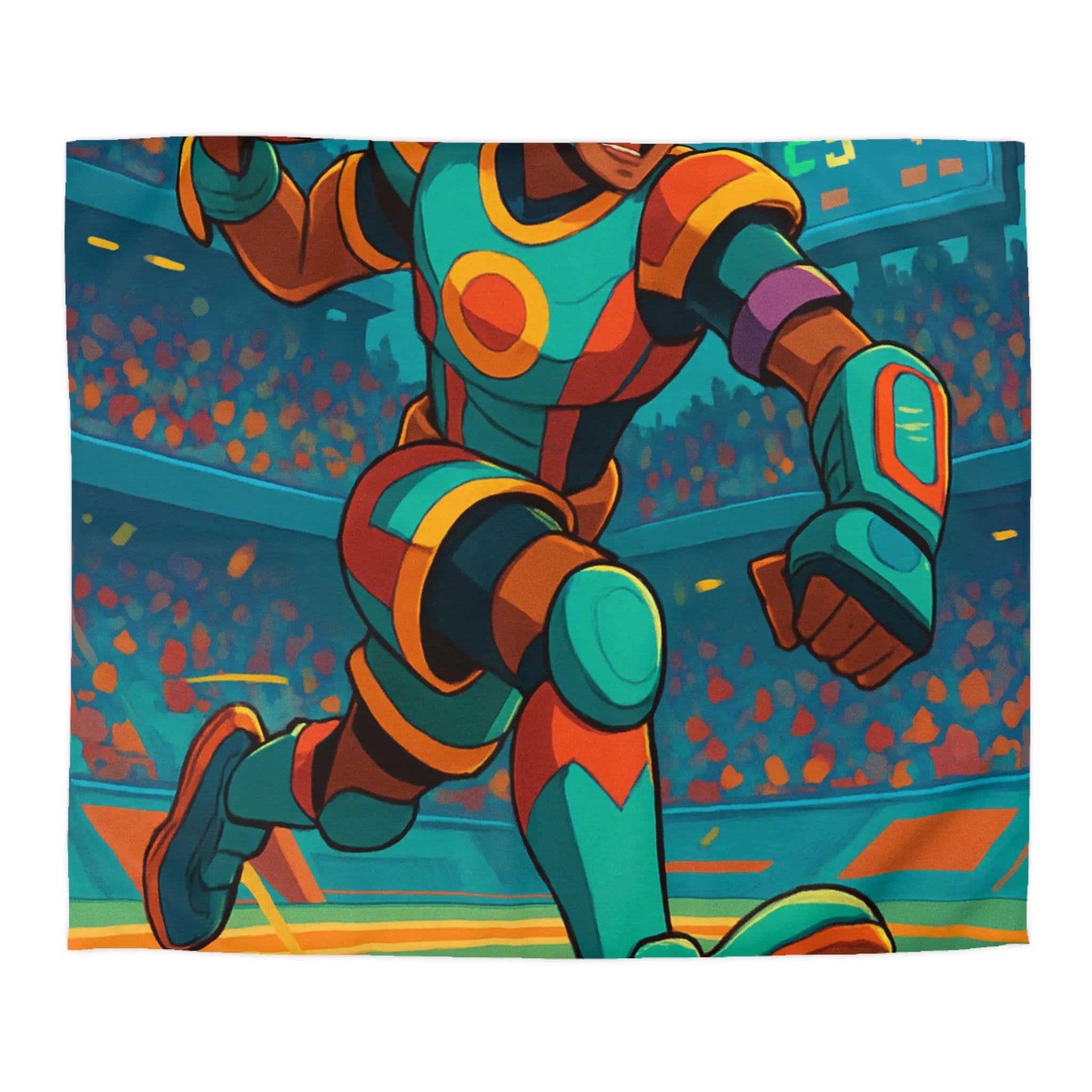 Housse de couette colorée avec joueur futuriste en action dans un stade dynamique