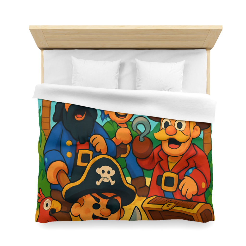 Housse de couette pirate colorée avec trésors, perroquets et personnages joyeux animés