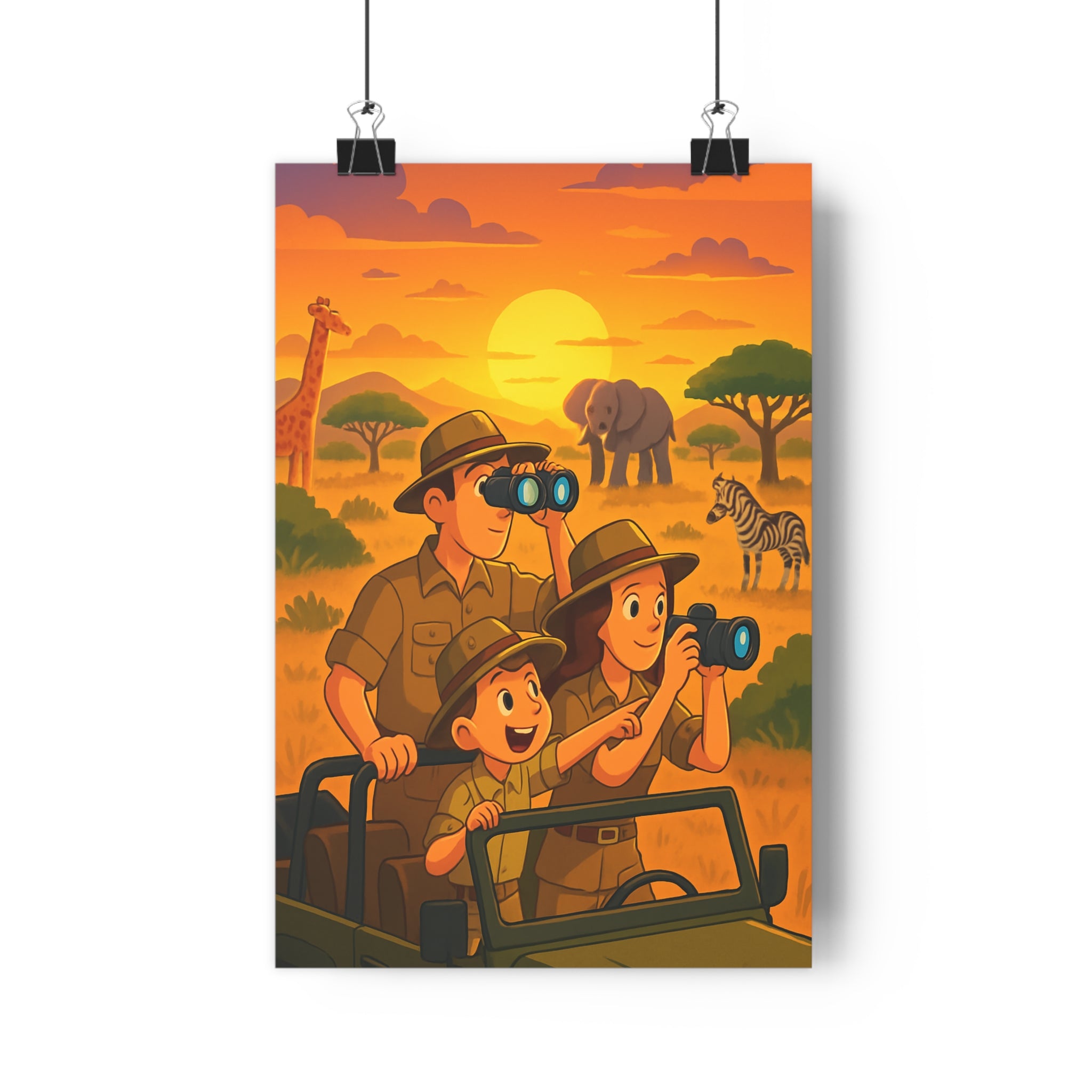 Poster décoratif cartoon vibrant safari famille aventure savane couleurs chaudes girafe éléphant zèbre chambre