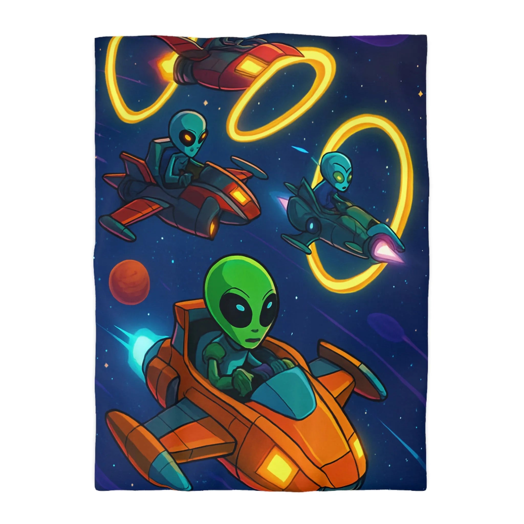 Housse de Couette avec Motifs d'Aliens en Course Spatiale et Anneaux Lumineux